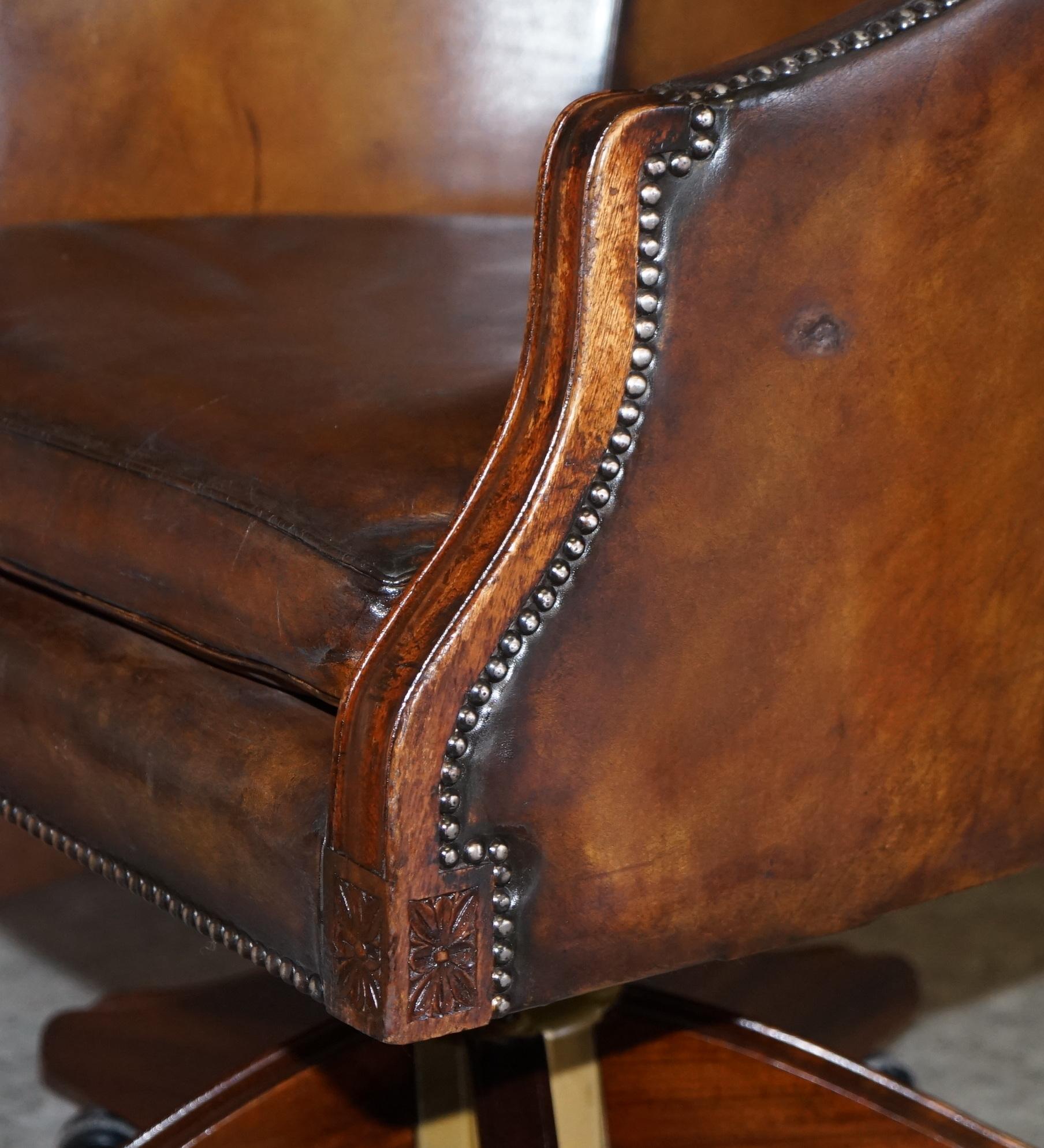 Stunning Vintage Restored Brown Leather Barrel Back Captains Directors Chair 10