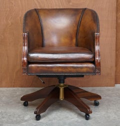 Stunning Vintage Restored Brown Leather Barrel Back Captains Directors Chair