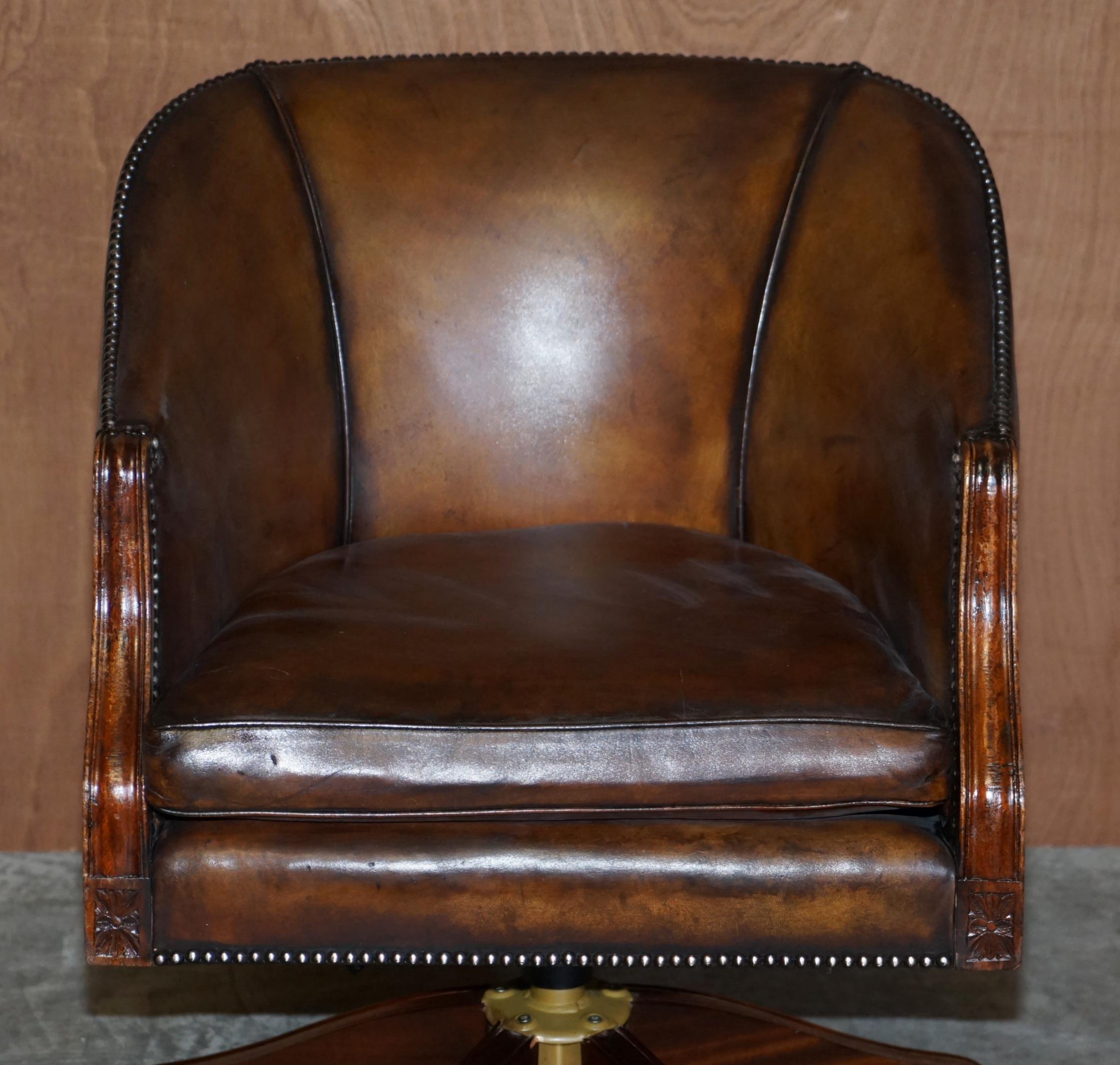 Art Deco Stunning Vintage Restored Brown Leather Barrel Back Captains Directors Chair