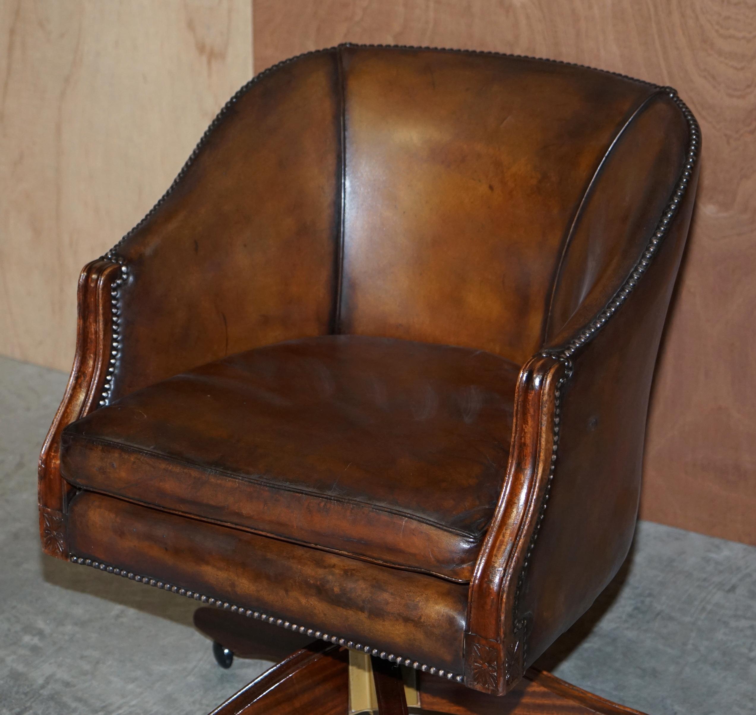 English Stunning Vintage Restored Brown Leather Barrel Back Captains Directors Chair