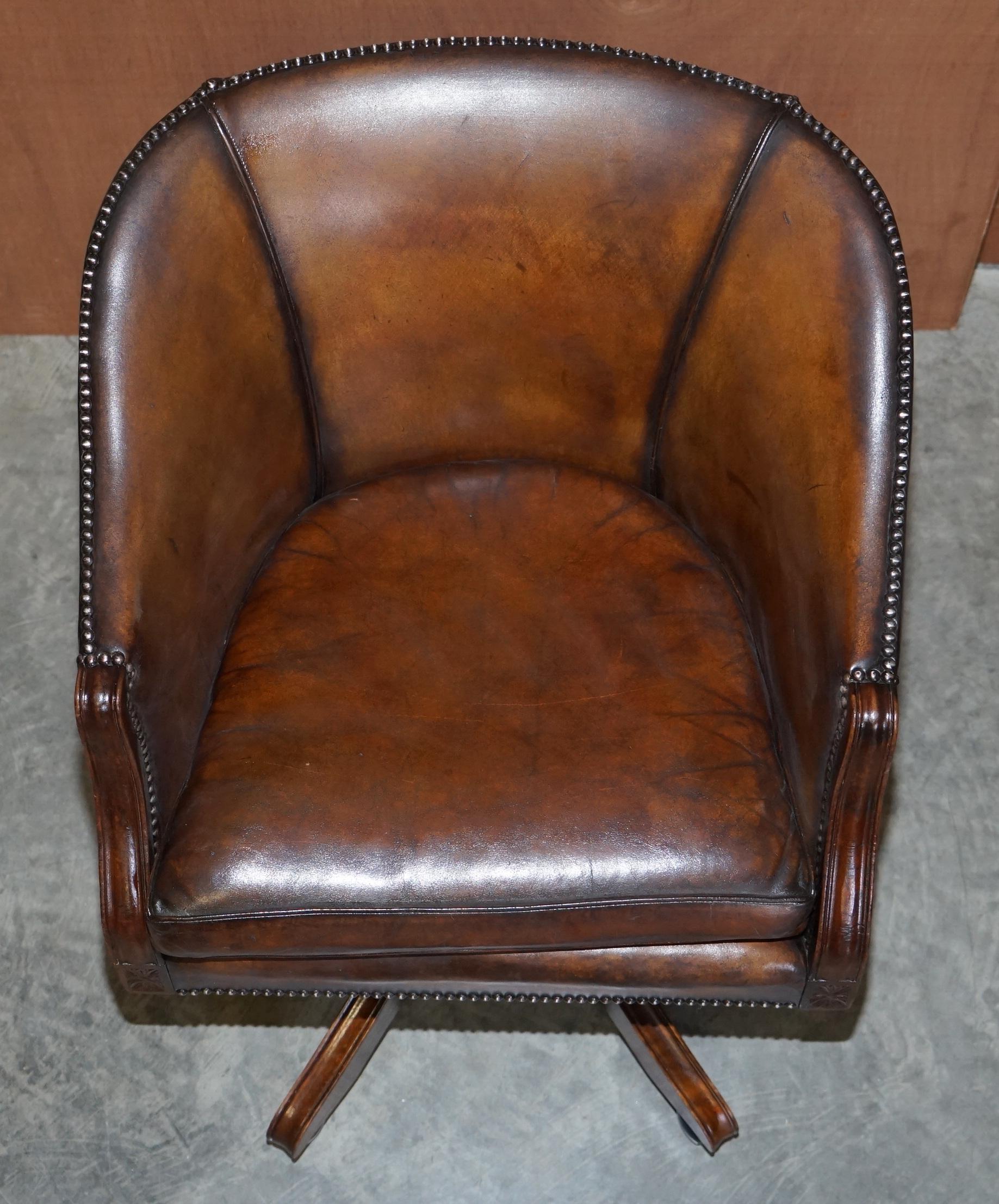 20th Century Stunning Vintage Restored Brown Leather Barrel Back Captains Directors Chair