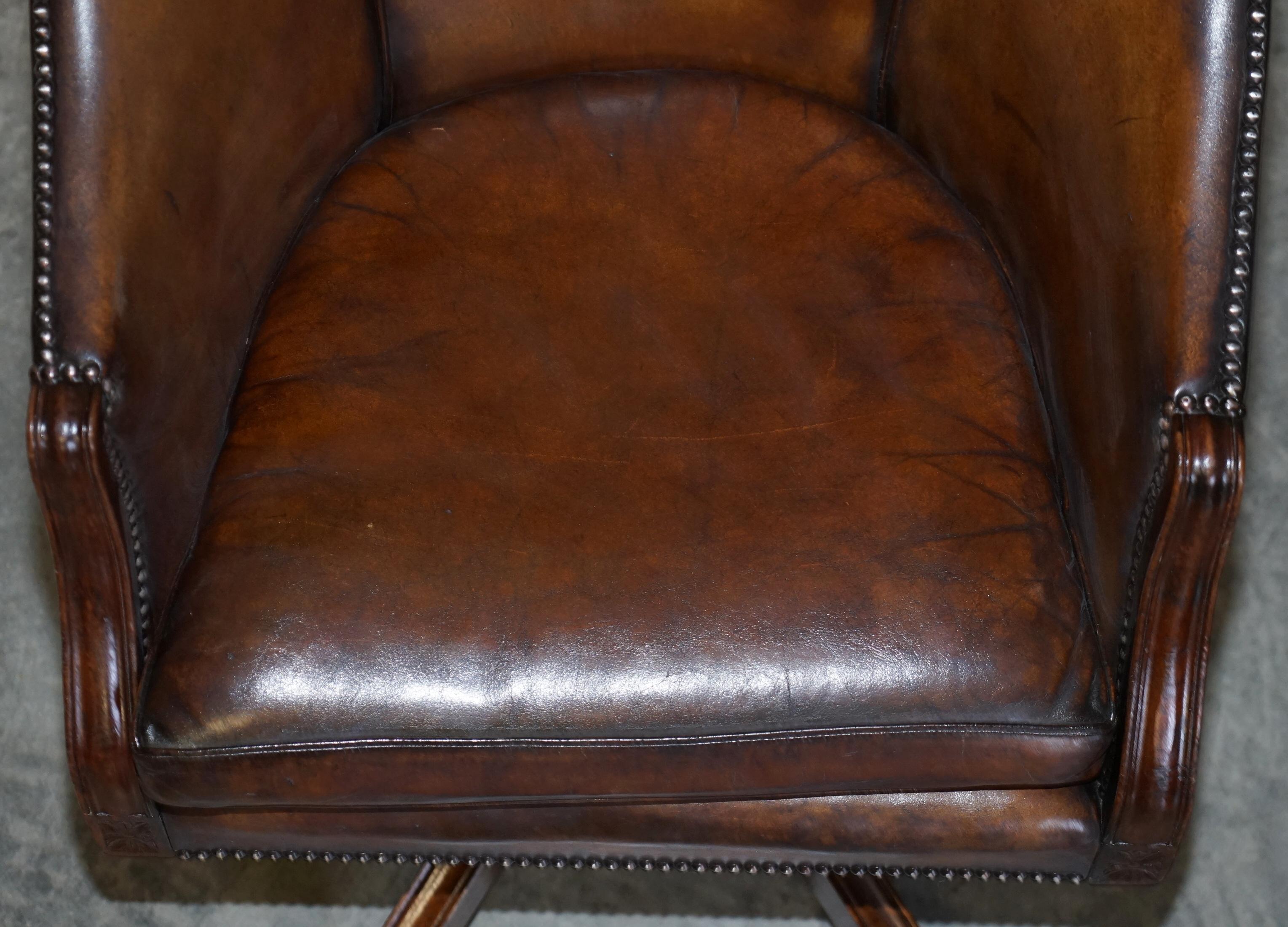 Stunning Vintage Restored Brown Leather Barrel Back Captains Directors Chair 1