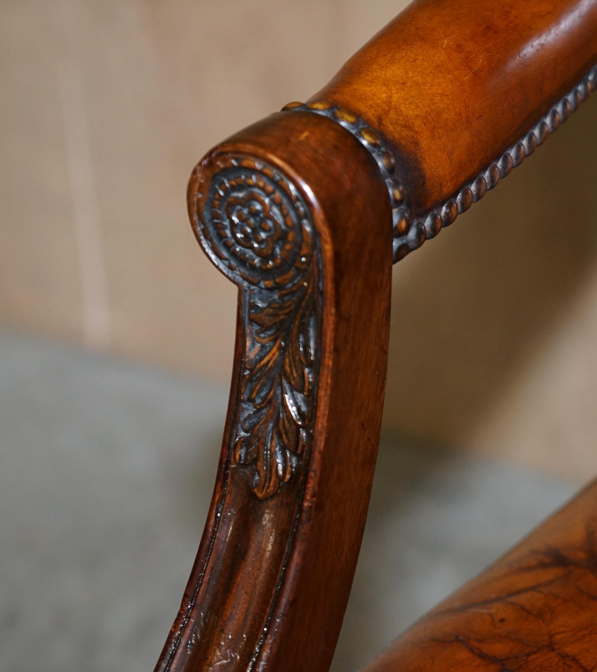 Stunning Vintage Restored Brown Leather Oak Framed Captains Directors Armchair For Sale 3