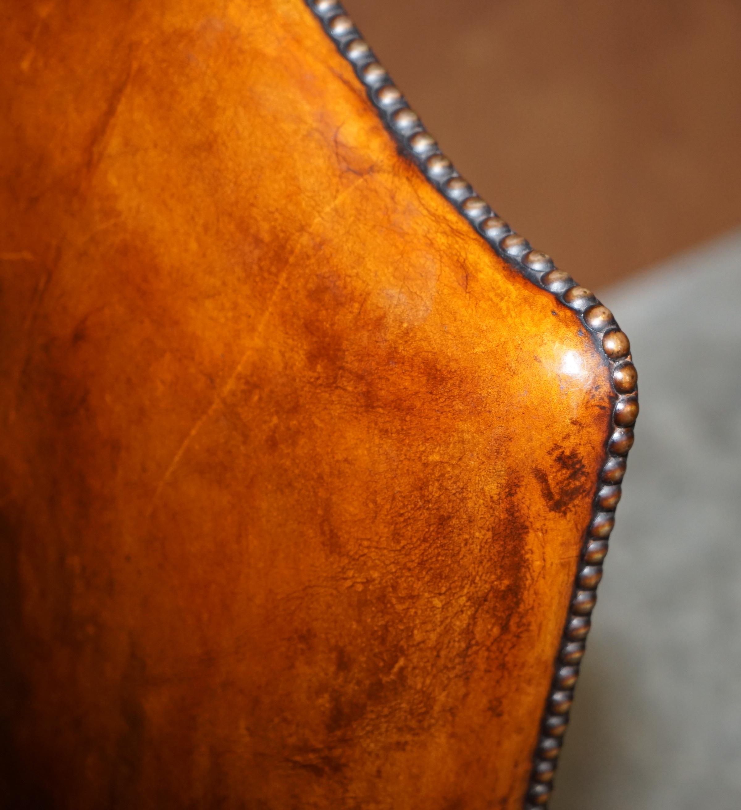 Stunning Vintage Restored Brown Leather Oak Framed Captains Directors Armchair For Sale 13