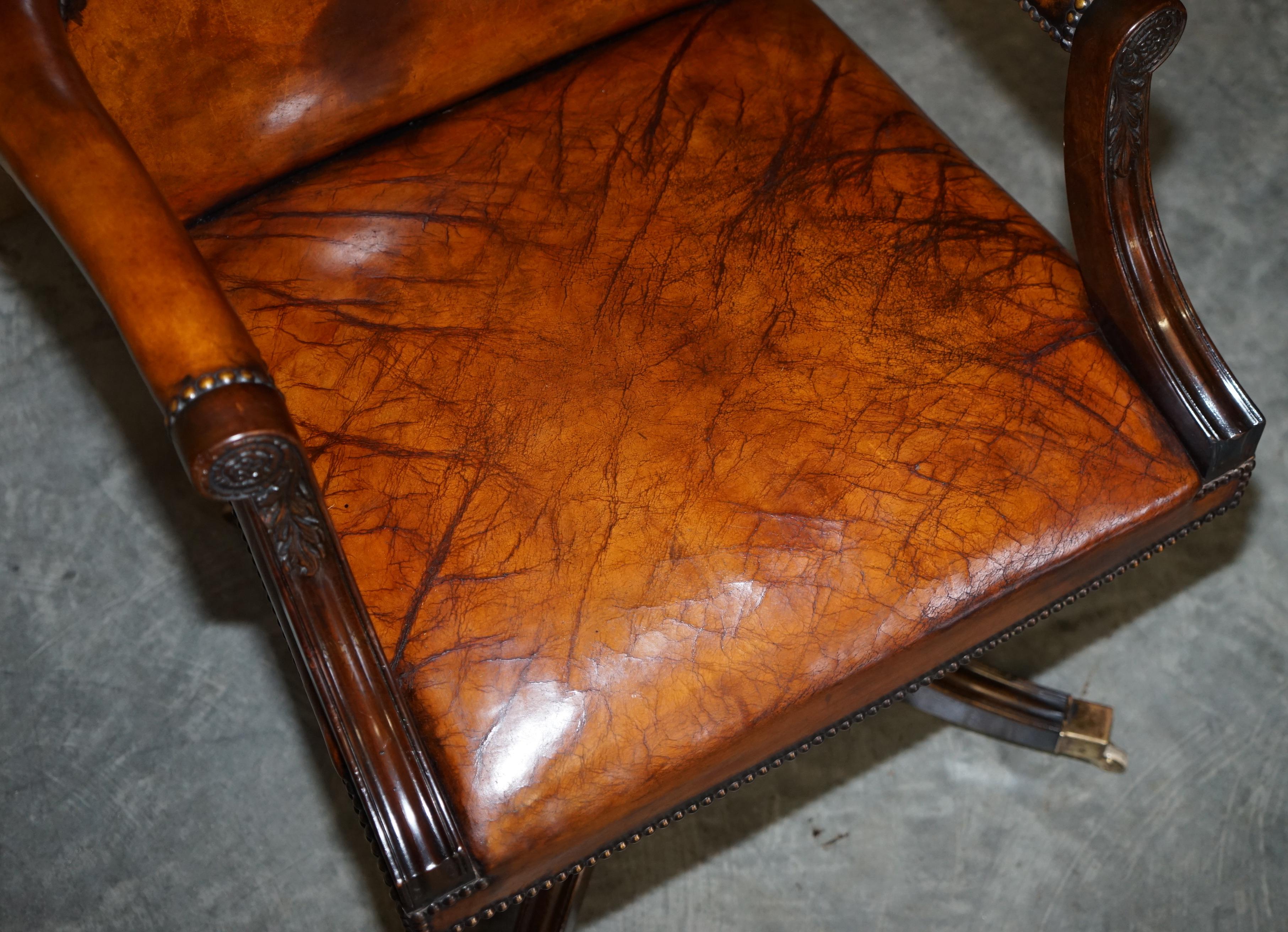 English Stunning Vintage Restored Brown Leather Oak Framed Captains Directors Armchair For Sale