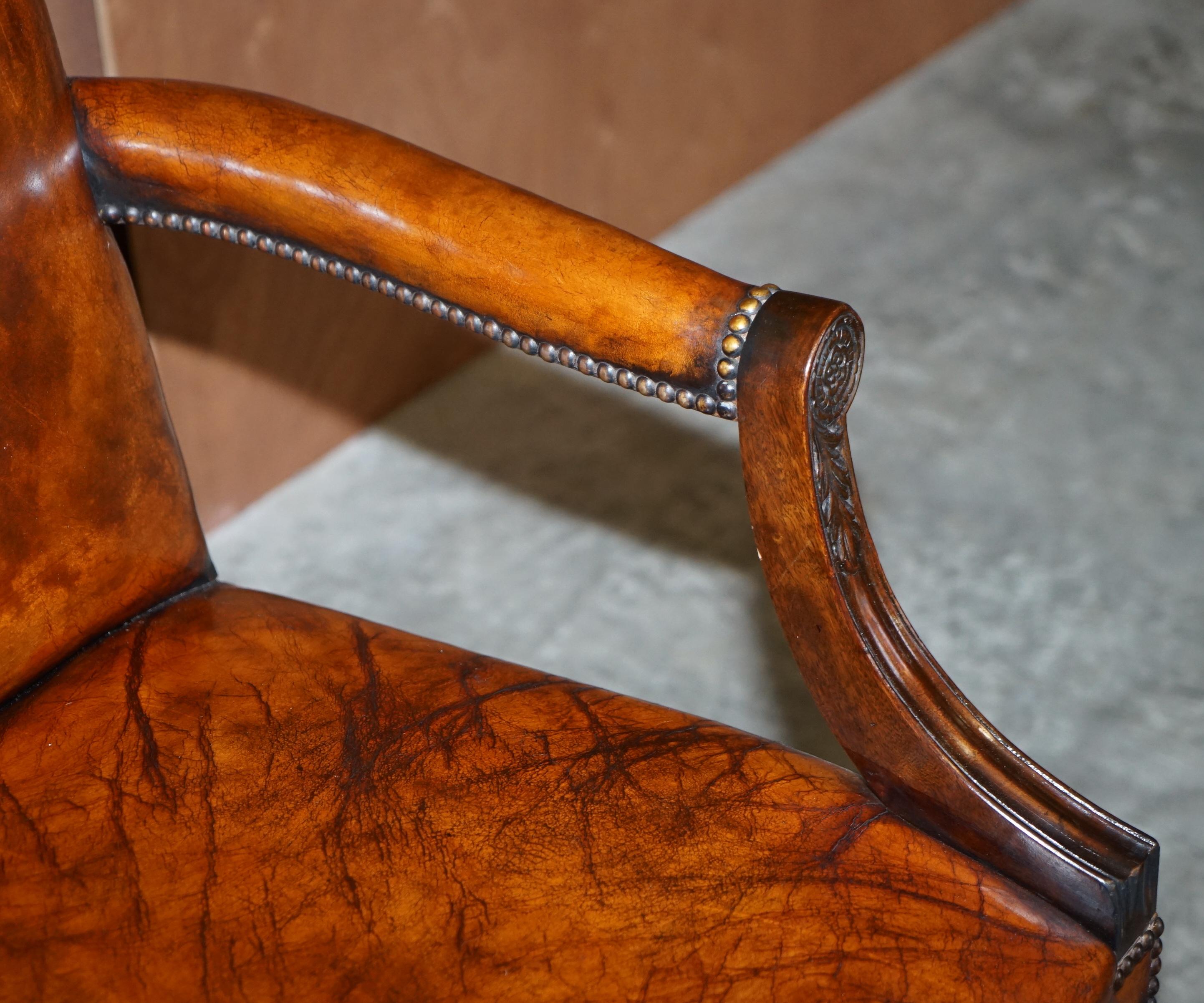 Hand-Crafted Stunning Vintage Restored Brown Leather Oak Framed Captains Directors Armchair For Sale