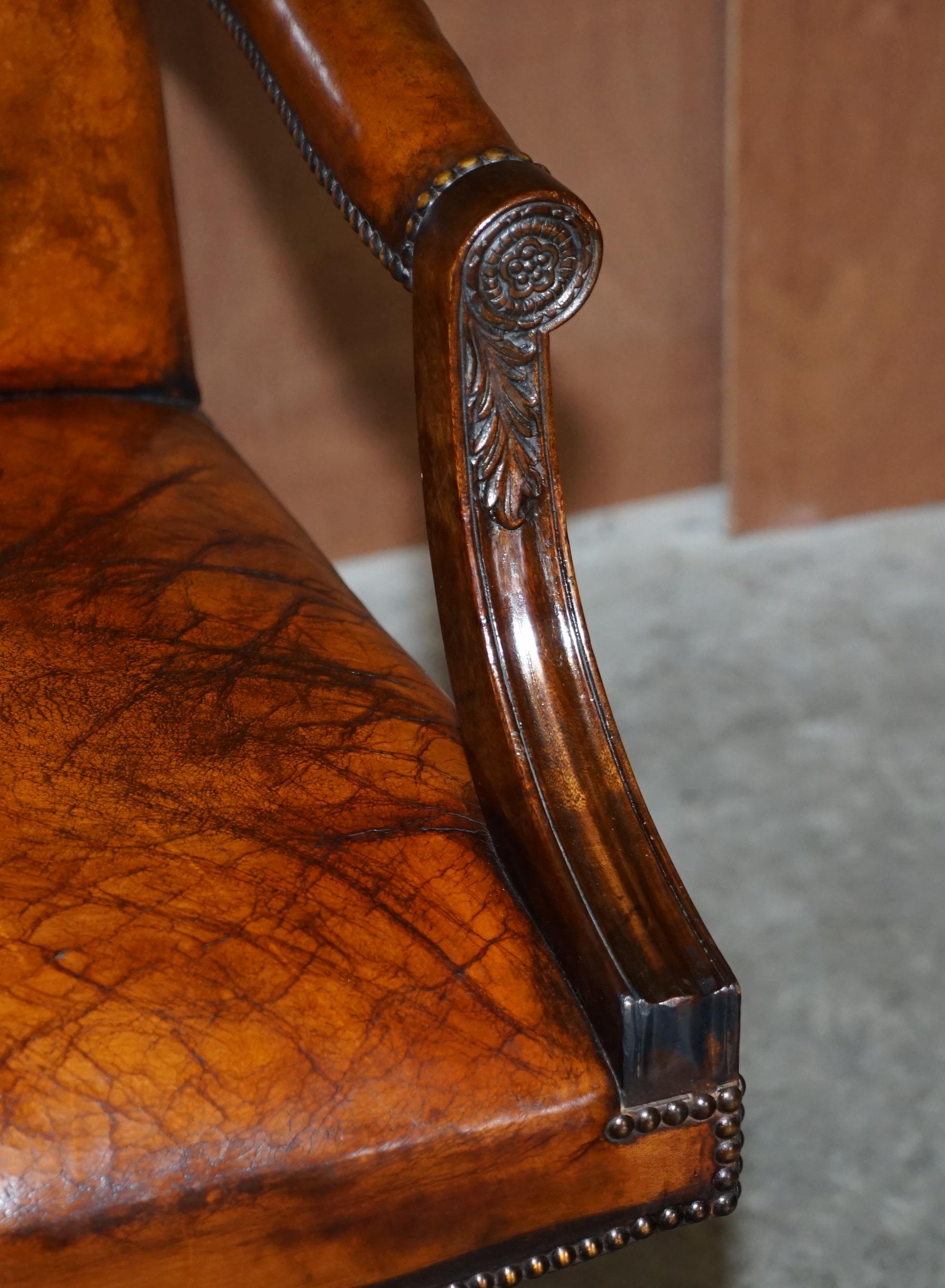 20th Century Stunning Vintage Restored Brown Leather Oak Framed Captains Directors Armchair For Sale