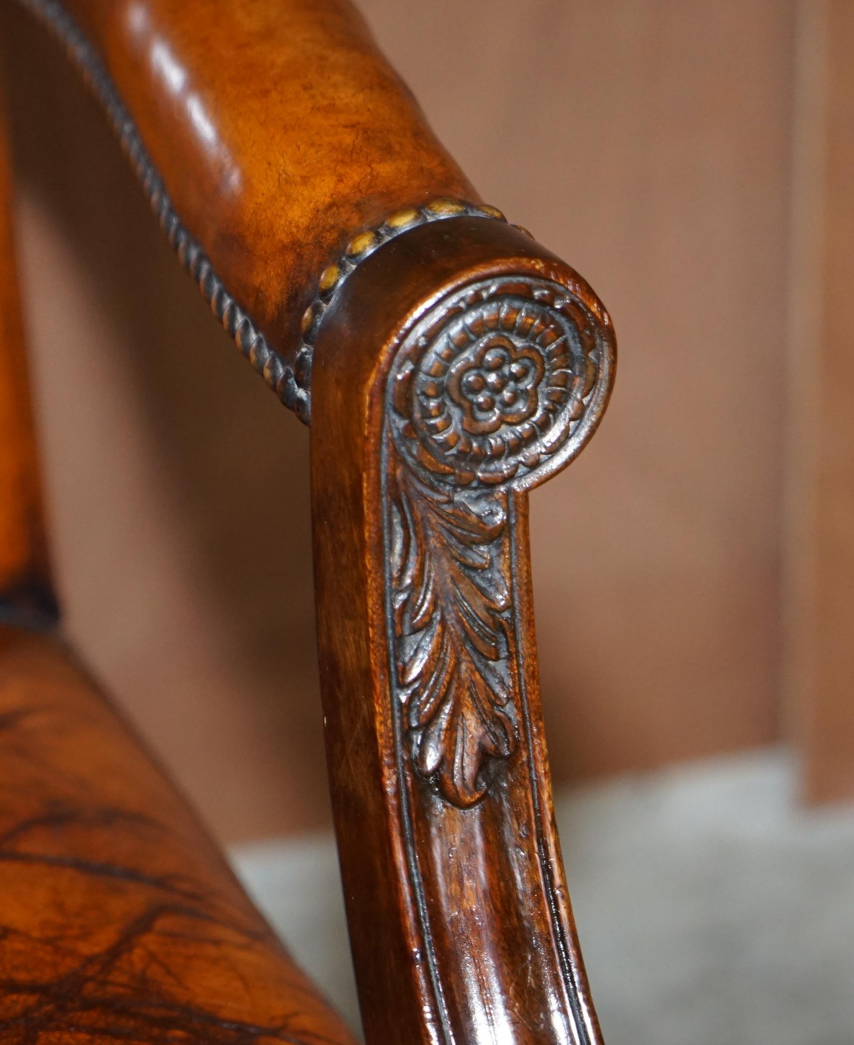 Stunning Vintage Restored Brown Leather Oak Framed Captains Directors Armchair For Sale 1