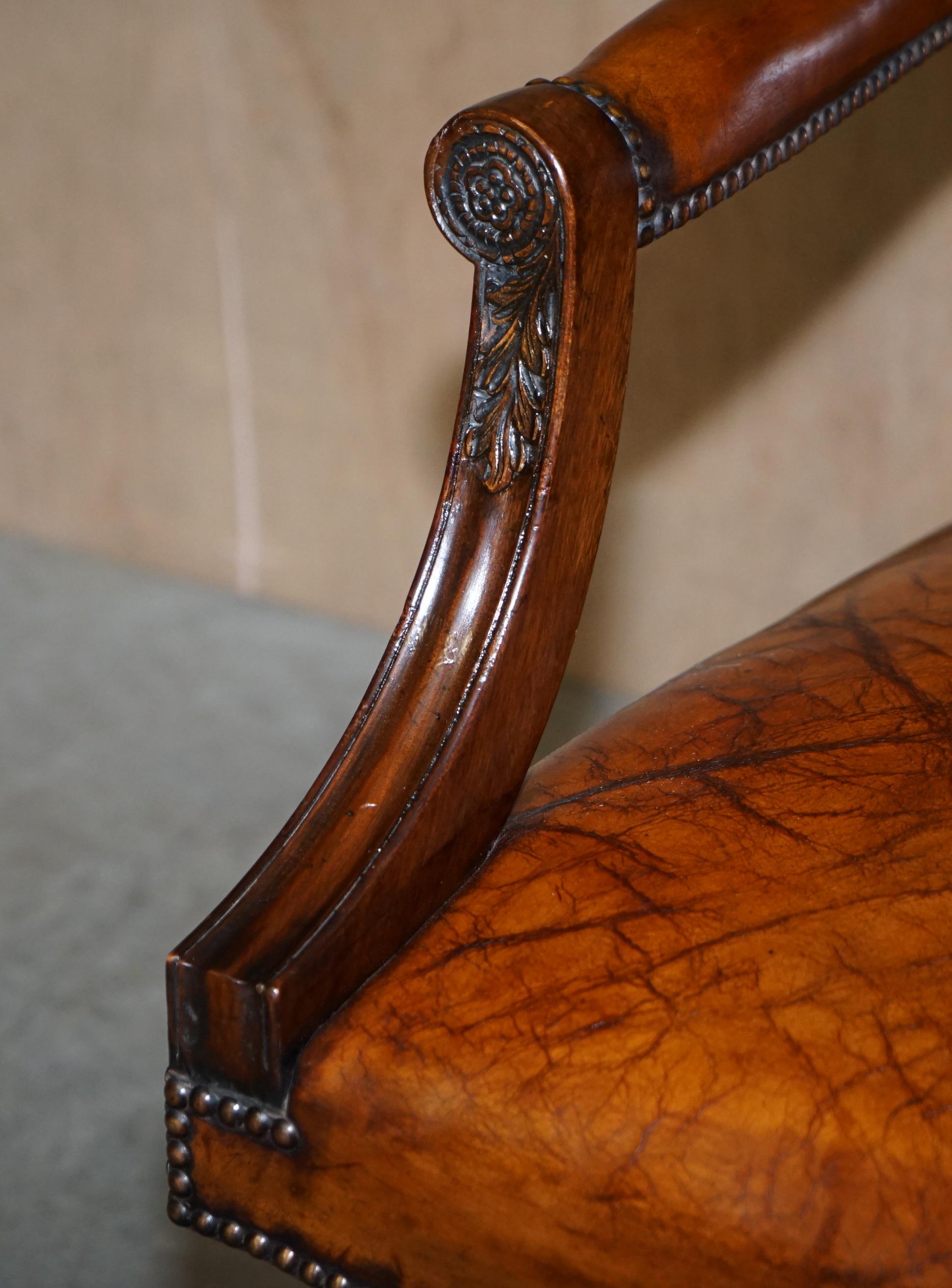 Stunning Vintage Restored Brown Leather Oak Framed Captains Directors Armchair For Sale 2
