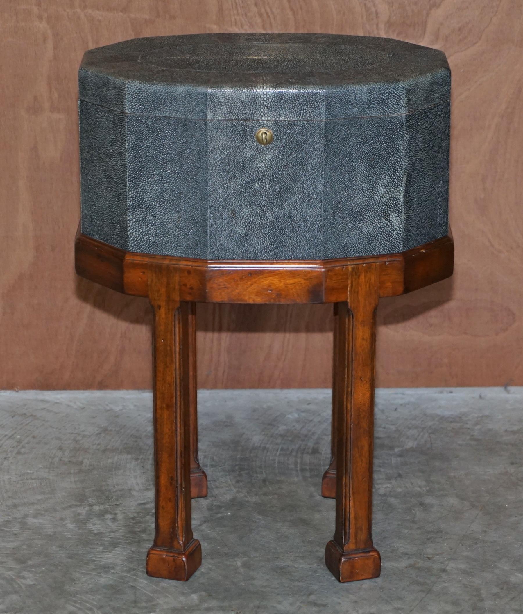 We are delighted to offer this very rare and highly collectable Shagreen (Shark Skin) upholstered flamed mahogany side table sized chest

This is one of the nicest looking pieces I’ve had in stock for some time, the timber patina is glorious