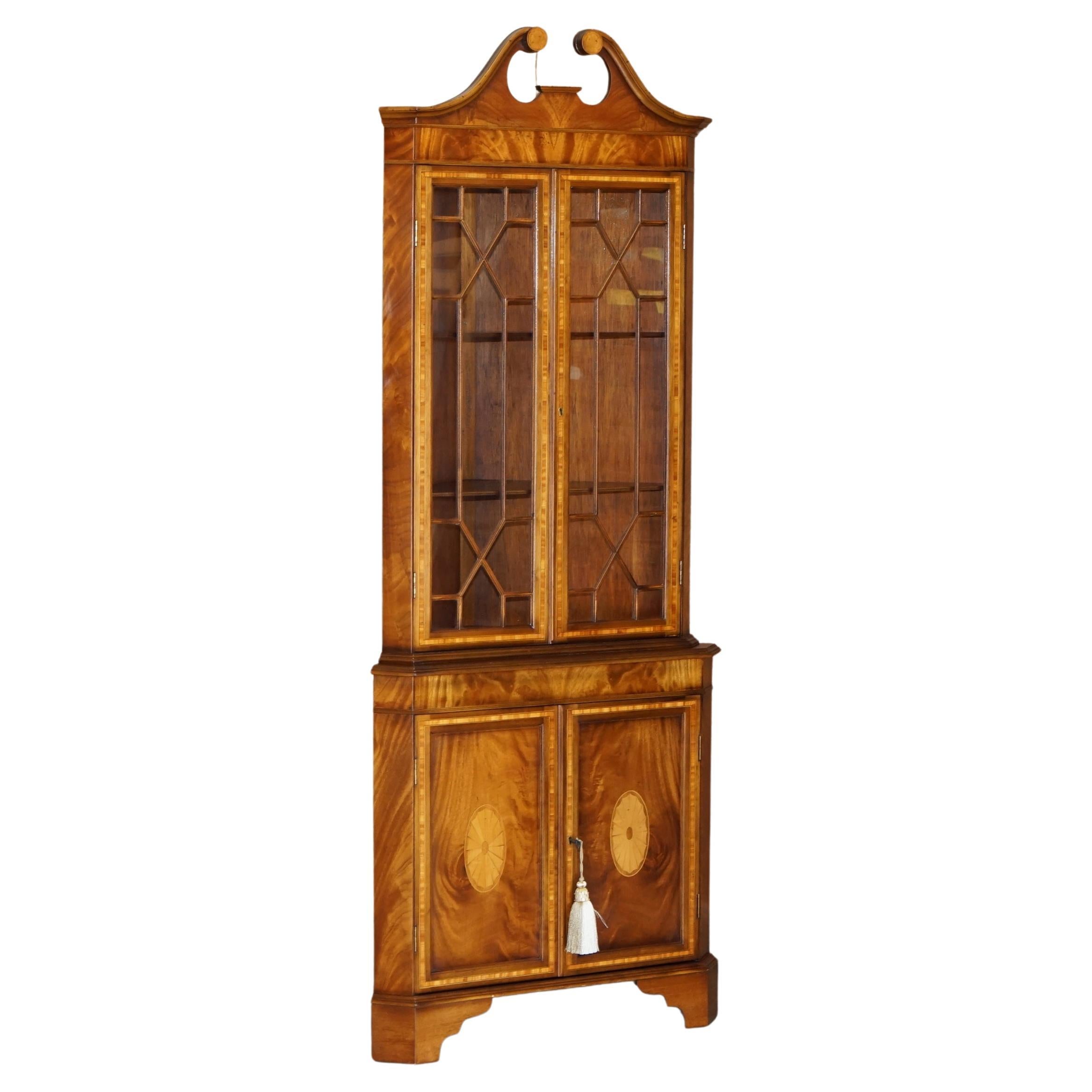 Stunning Vintage Sheraton Revival Astral Glazed Inlaid Corner Bookcase Cabinet