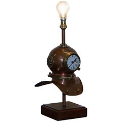 Stunning Vintage Small Divers Copper and Brass Helmet with Clock and Lamp Table