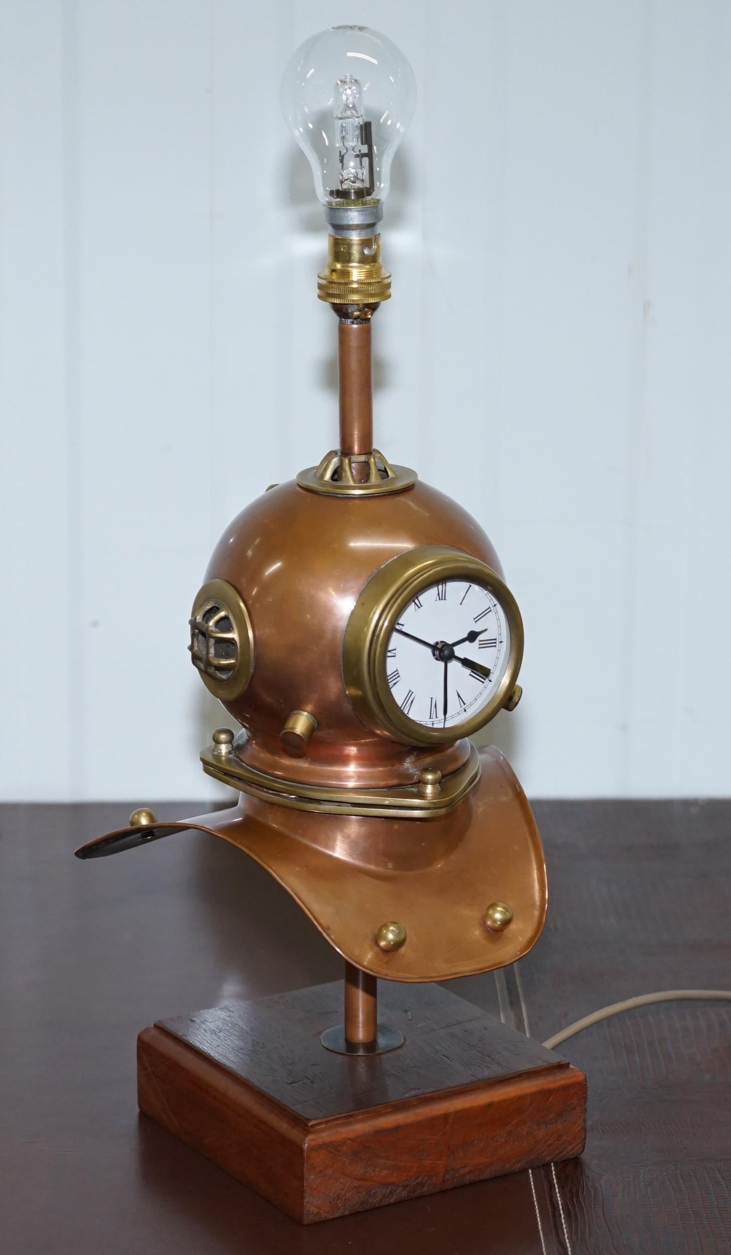 Stunning Vintage Small Divers Copper and Brass Helmet with Clock and Lamp Table 5