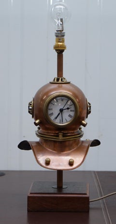Stunning Vintage Small Divers Copper and Brass Helmet with Clock and Lamp Table