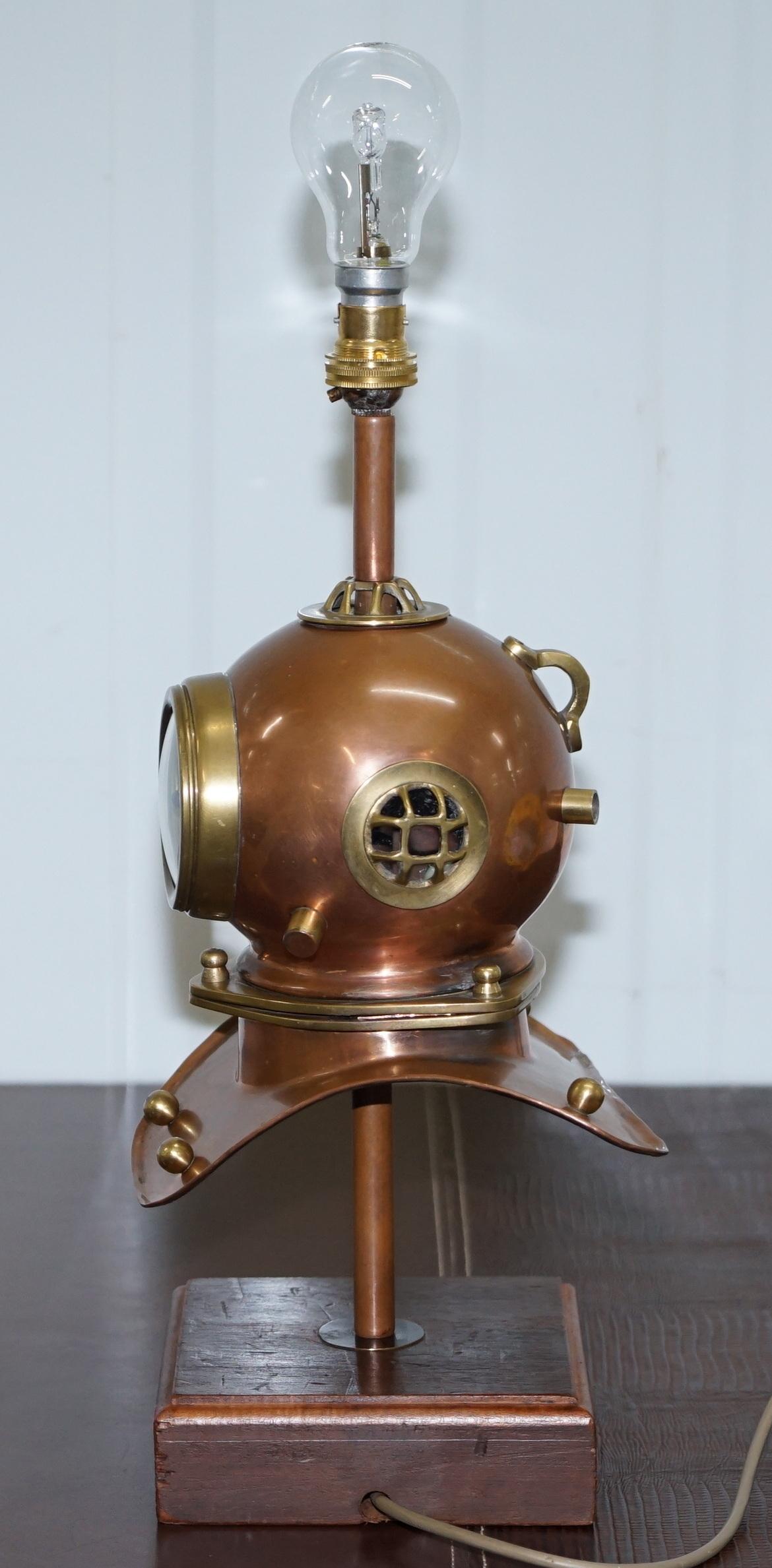 Stunning Vintage Small Divers Copper and Brass Helmet with Clock and Lamp Table 13