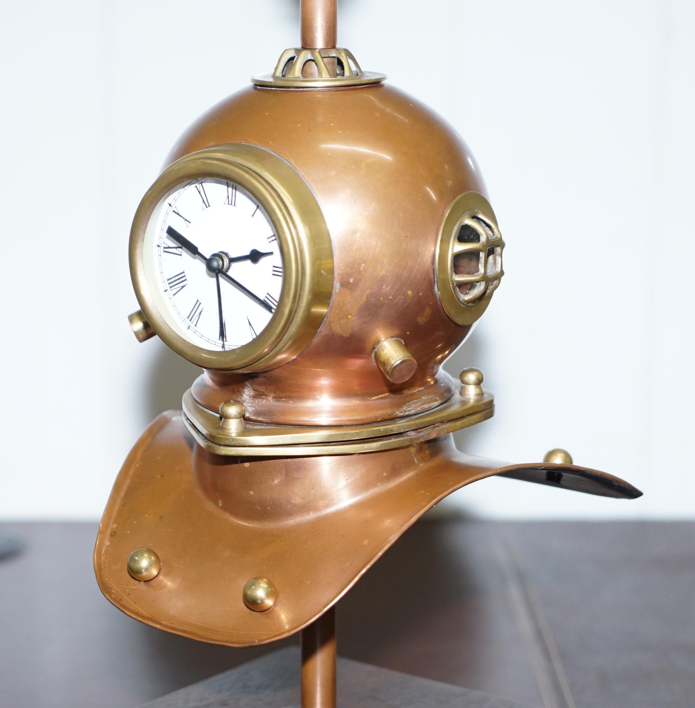 Modern Stunning Vintage Small Divers Copper and Brass Helmet with Clock and Lamp Table