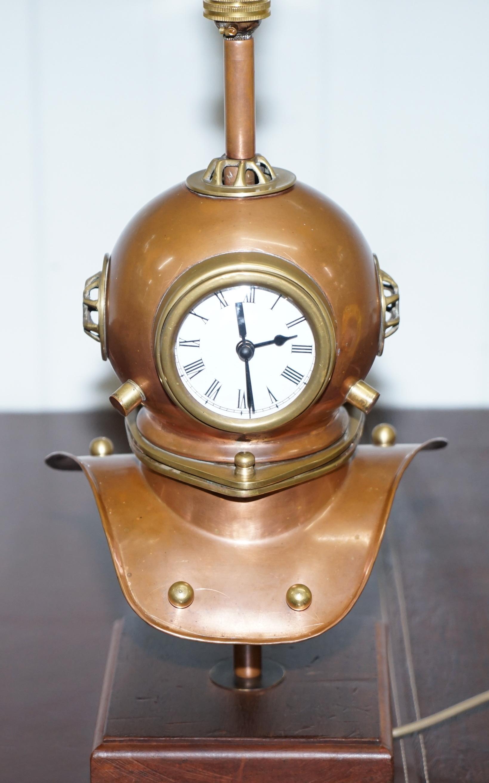 20th Century Stunning Vintage Small Divers Copper and Brass Helmet with Clock and Lamp Table