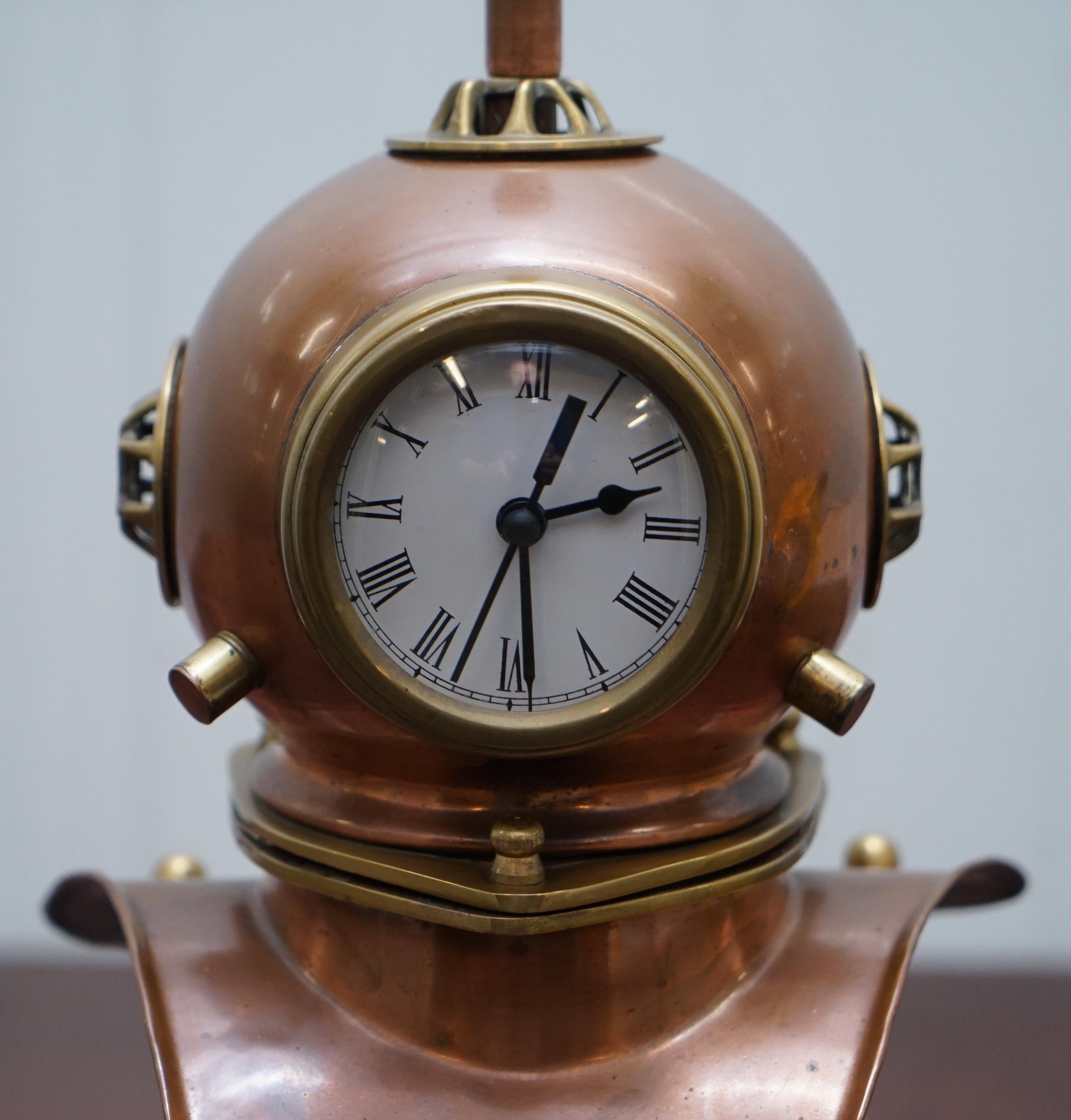 Stunning Vintage Small Divers Copper and Brass Helmet with Clock and Lamp Table 1