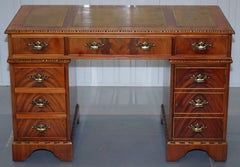 Stunning Vintage Walnut Twin Pedestal Partner Desk with Green Leather Top