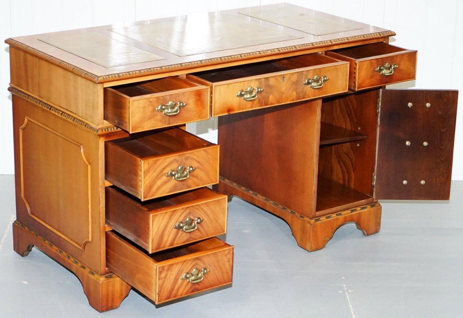 British Stunning Vintage Walnut Twin Pedestal Partner Desk with Green Leather Top