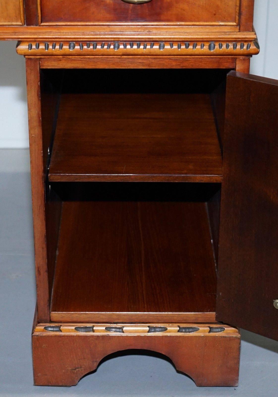 20th Century Stunning Vintage Walnut Twin Pedestal Partner Desk with Green Leather Top