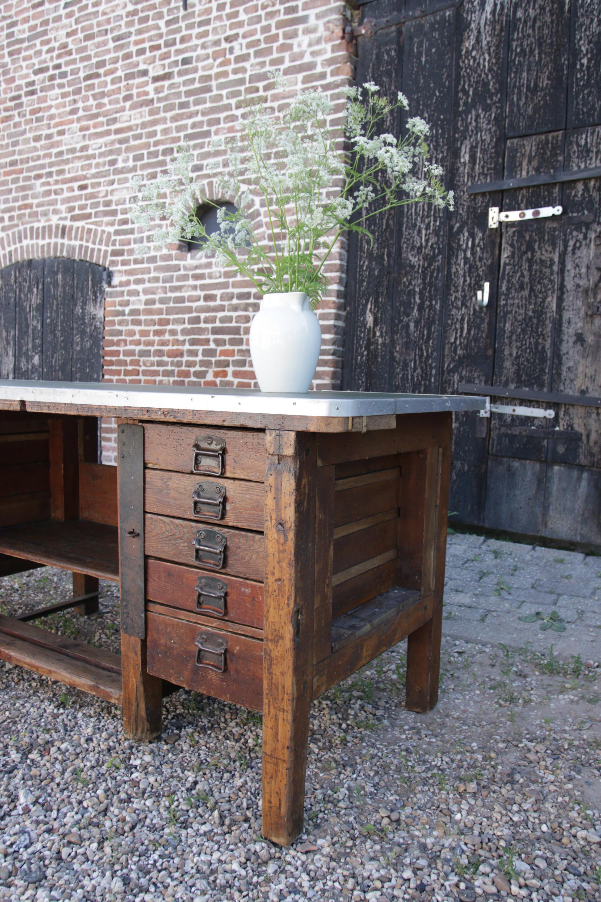 Dutch Stunning Vintage Work Table, Workbench with 10 Lockable Drawers