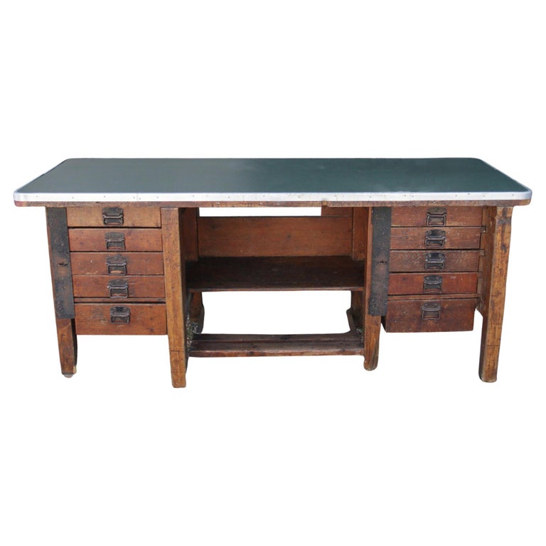 Stunning Vintage Work Table, Workbench with 10 Lockable Drawers For