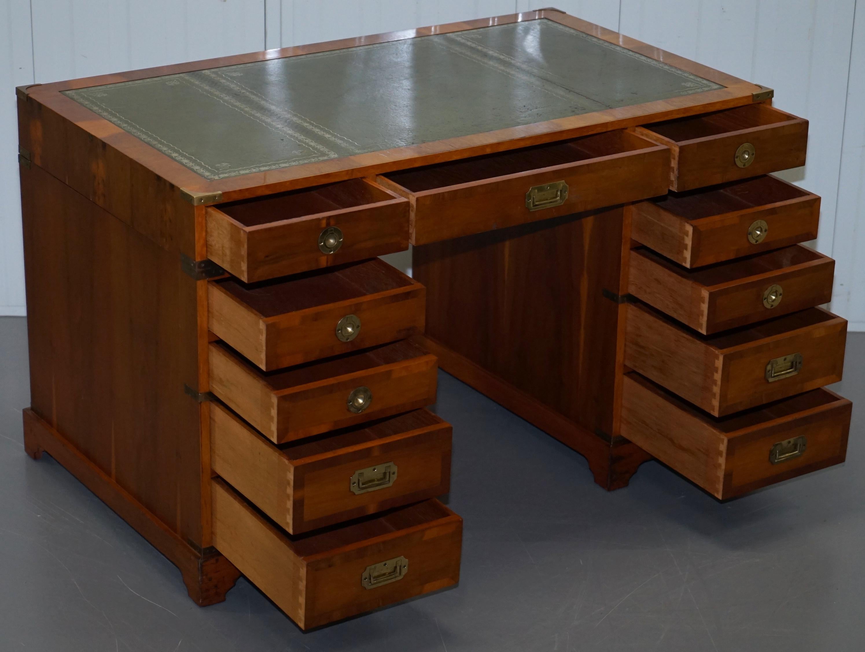 Stunning Vintage Yew Wood Military Campaign Twin Pedestal Partner Office Desk 7