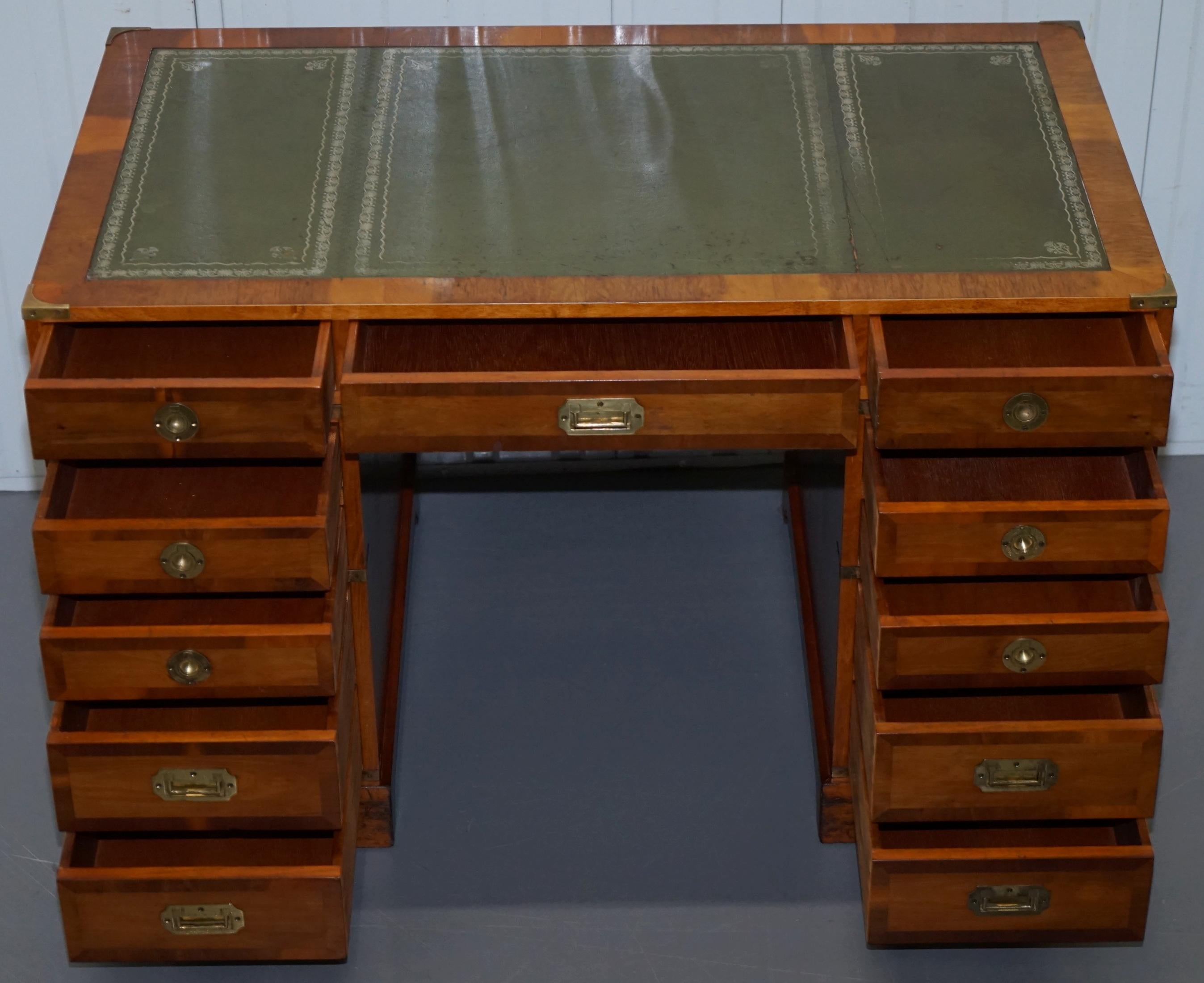 Stunning Vintage Yew Wood Military Campaign Twin Pedestal Partner Office Desk 8