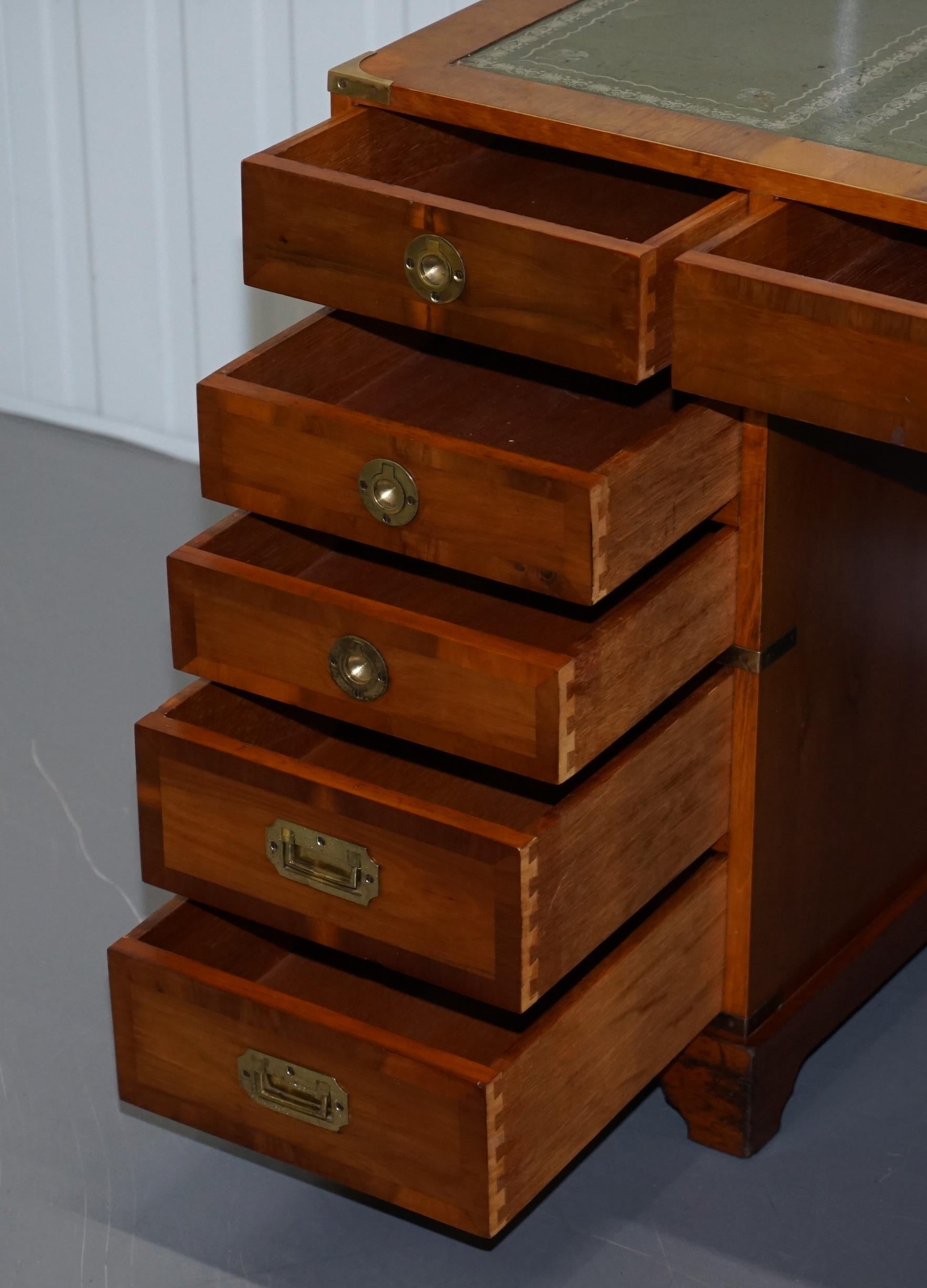 Stunning Vintage Yew Wood Military Campaign Twin Pedestal Partner Office Desk 9