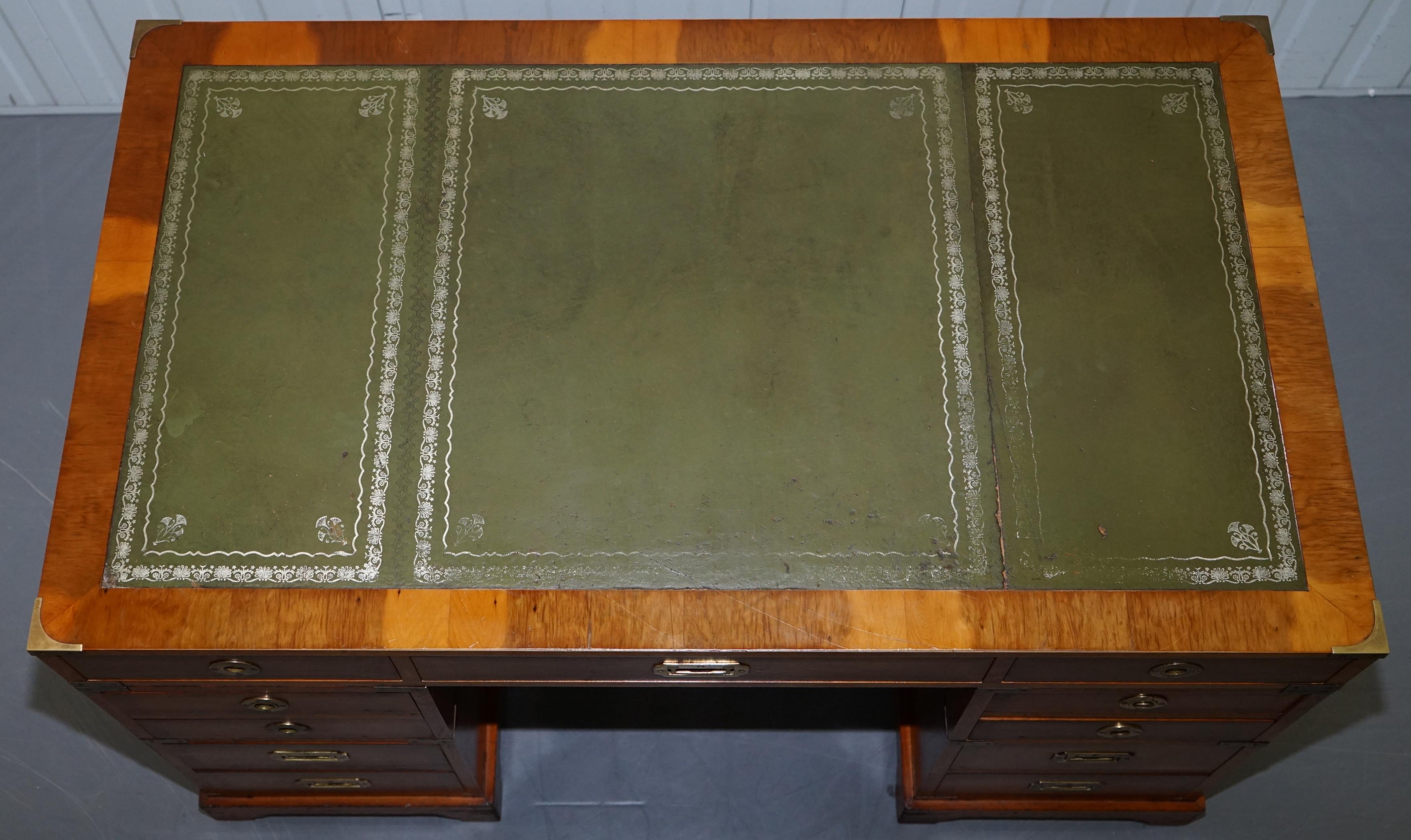 Hand-Crafted Stunning Vintage Yew Wood Military Campaign Twin Pedestal Partner Office Desk