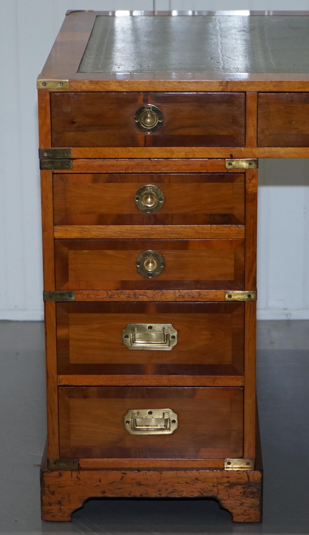 Leather Stunning Vintage Yew Wood Military Campaign Twin Pedestal Partner Office Desk