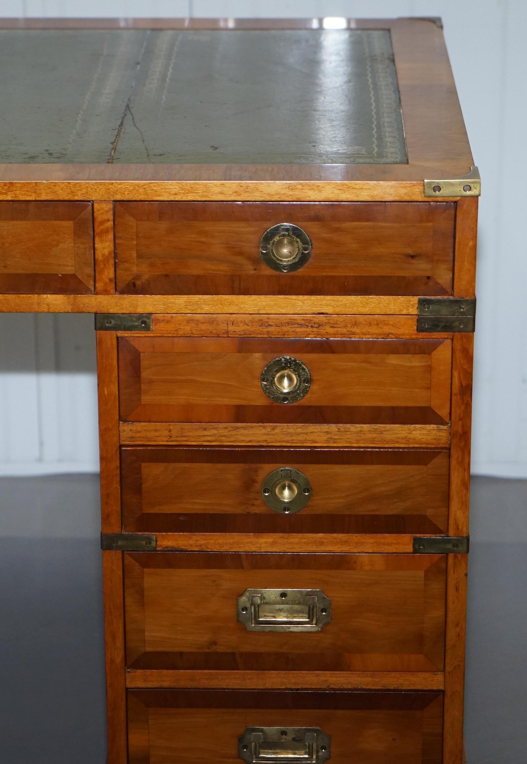 Stunning Vintage Yew Wood Military Campaign Twin Pedestal Partner Office Desk 1