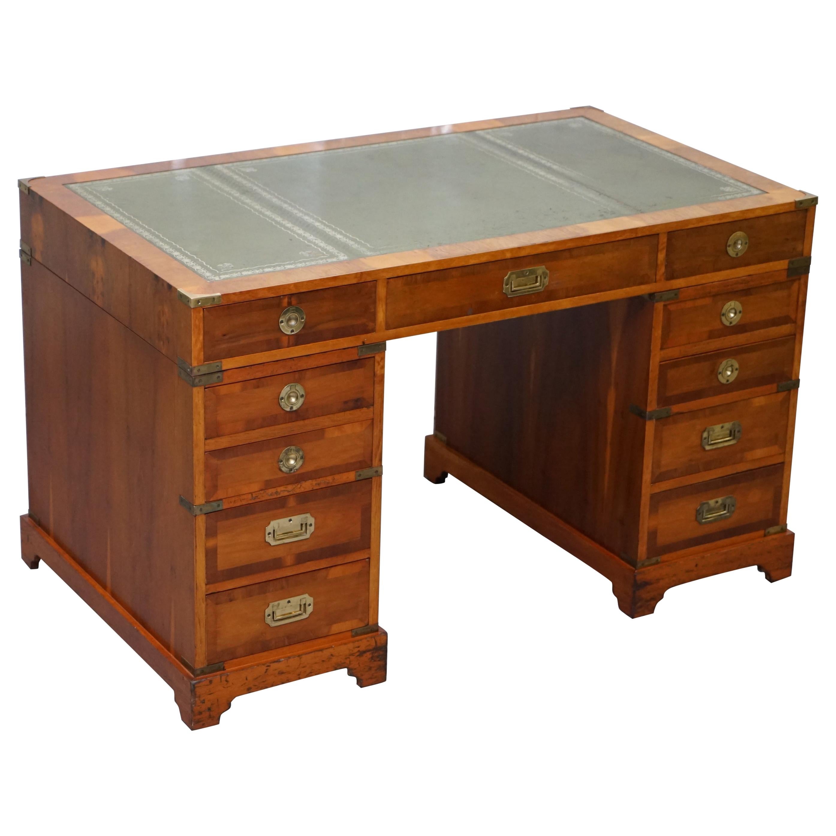 Stunning Vintage Yew Wood Military Campaign Twin Pedestal Partner Office Desk