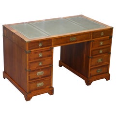 Stunning Vintage Yew Wood Military Campaign Twin Pedestal Partner Office Desk