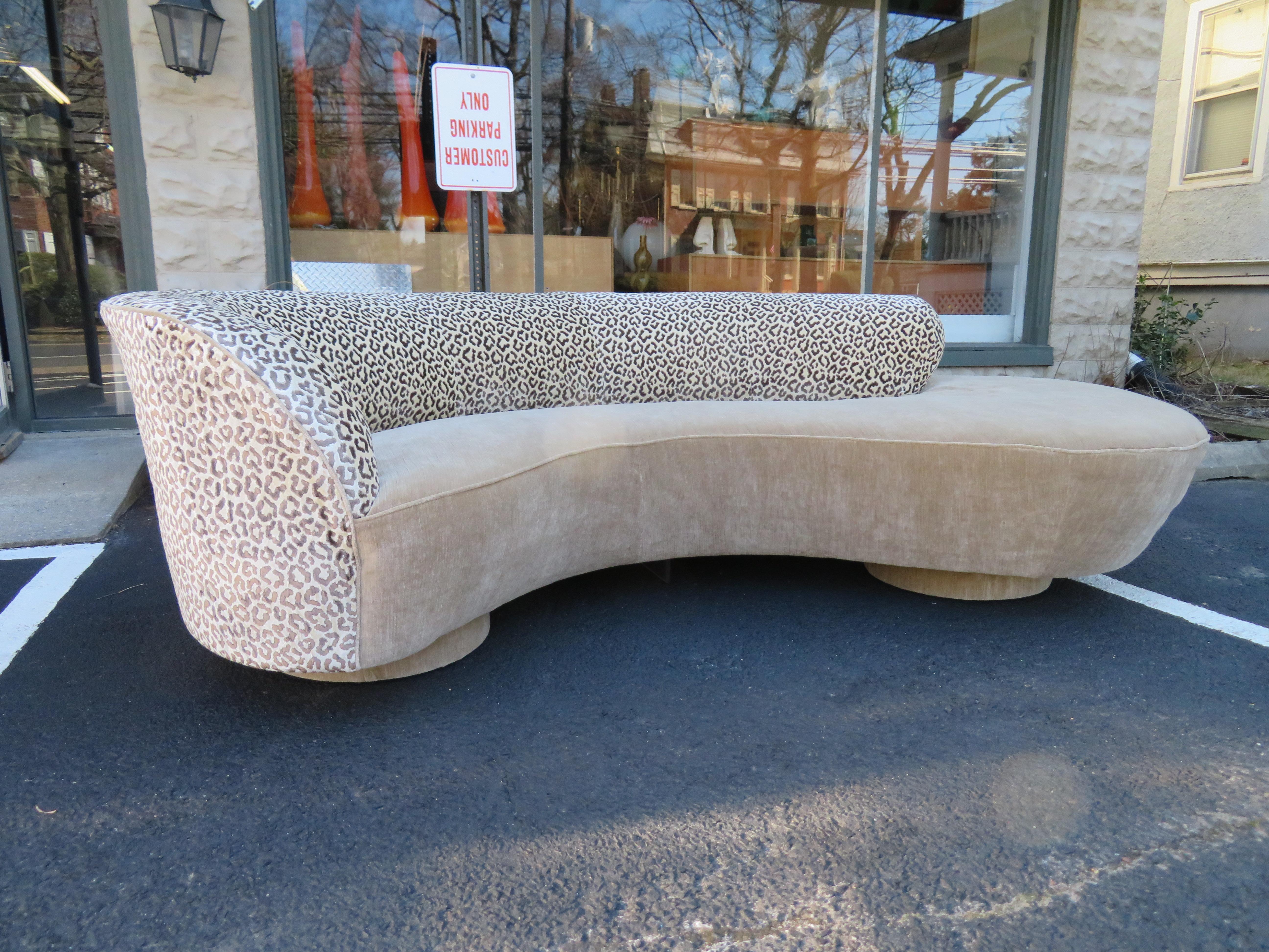 Stunning Vladimir Kagan curved serpentine cloud sofa for Directional. We are loving the Brunschwig and Fils and Dongia fabric this sofa has been re-upholstered with about 15 years ago-still looks great!