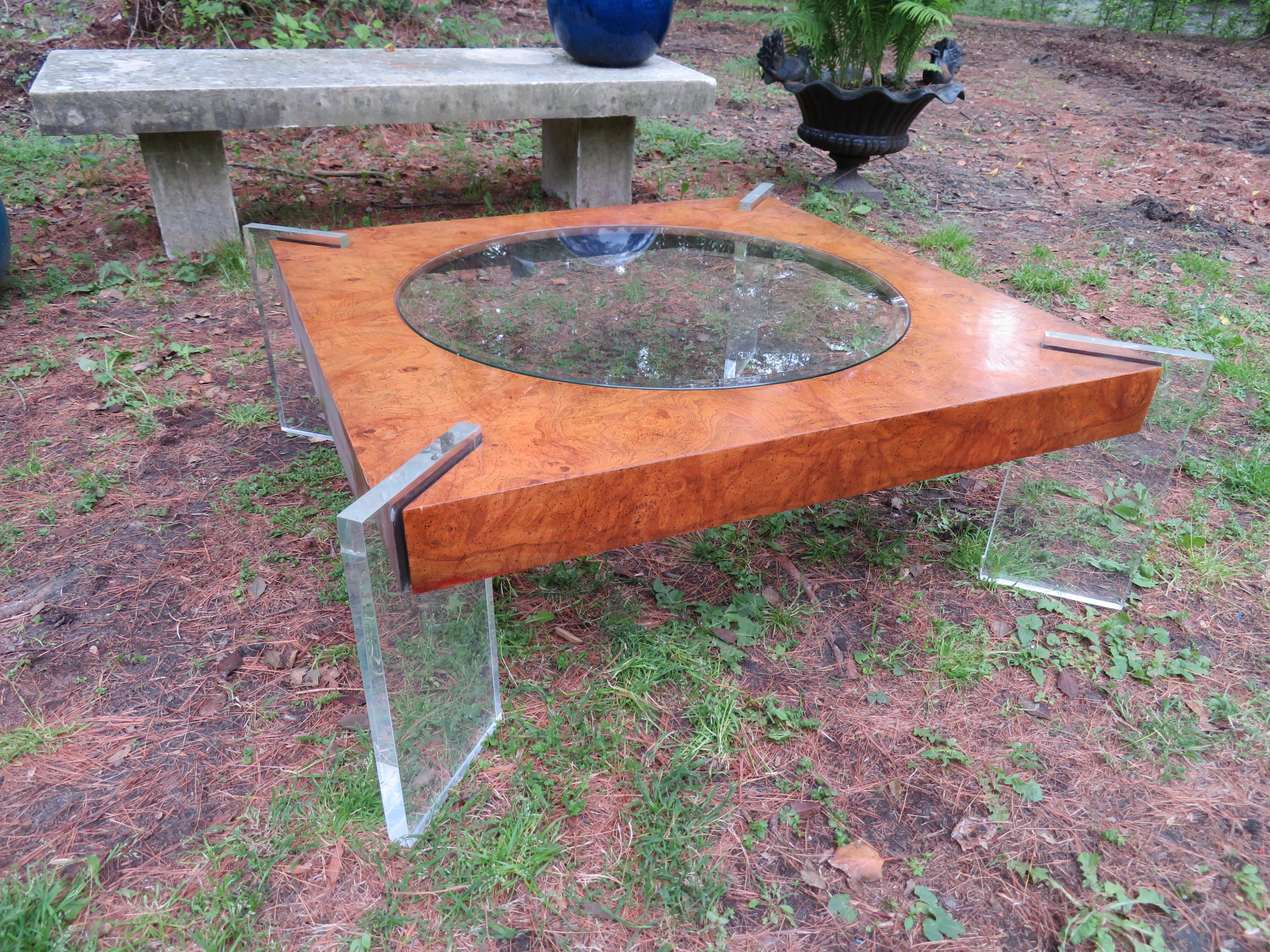 Mid-Century Modern Stunning Vladimir Kagan Lucite and Burl Walnut Coffee Table Midcentury For Sale