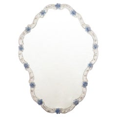 Stunning Wall Venetian Mirror in Murano Glass, Clear and Blue Flower details