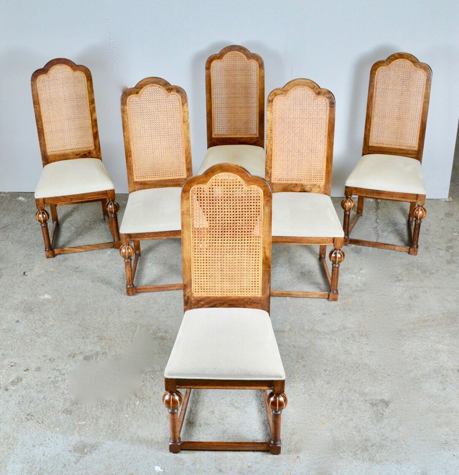Country Stunning Walnut Parquetry Inlaid Dining Table and Set of 6 Chairs, Bulbous Legs For Sale