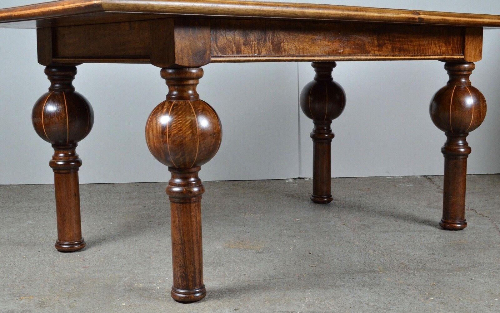Hand-Crafted Stunning Walnut Parquetry Inlaid Dining Table and Set of 6 Chairs, Bulbous Legs For Sale