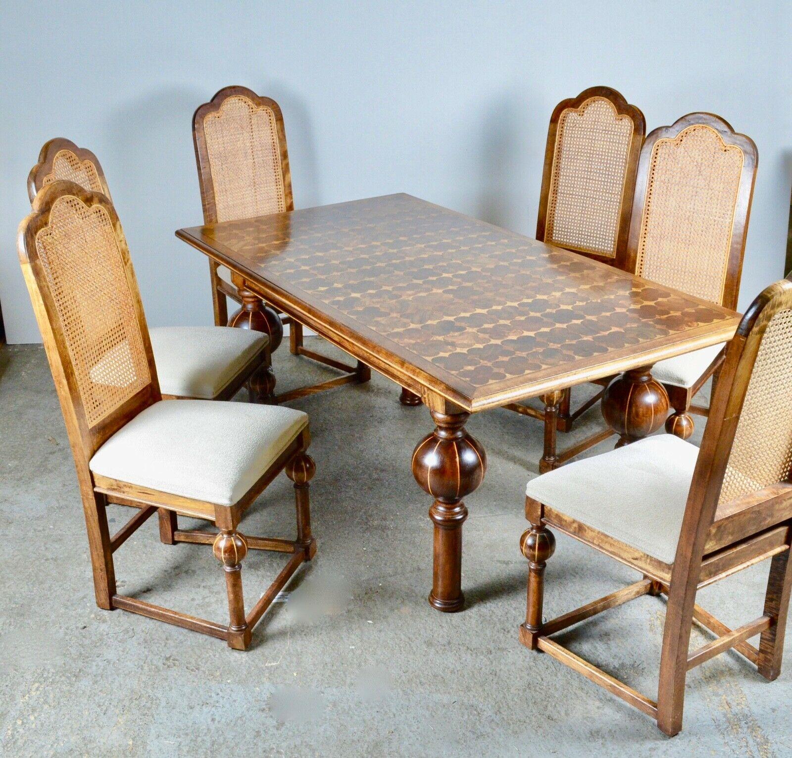 Hardwood Stunning Walnut Parquetry Inlaid Dining Table and Set of 6 Chairs, Bulbous Legs For Sale