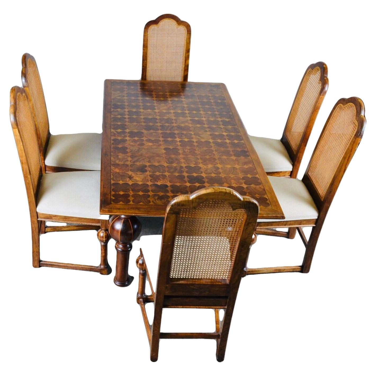 Stunning Walnut Parquetry Inlaid Dining Table and Set of 6 Chairs, Bulbous Legs