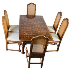 Retro Stunning Walnut Parquetry Inlaid Dining Table and Set of 6 Chairs, Bulbous Legs