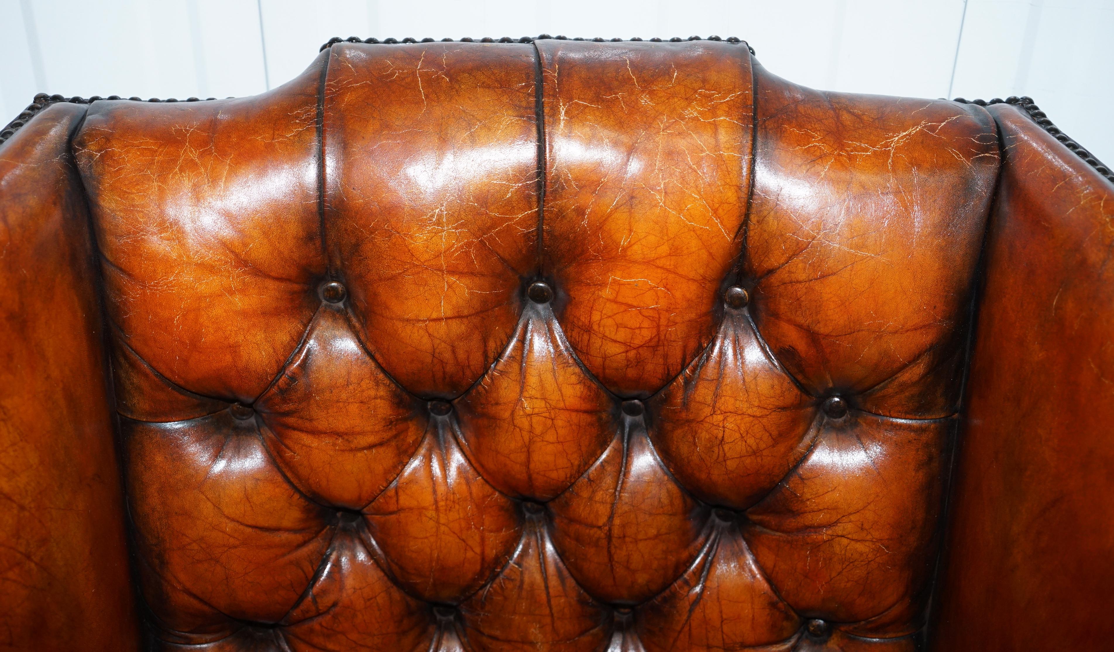 Stunning Whisky Brown Leather Chesterfield Wingback Armchair Feather Cushion 1