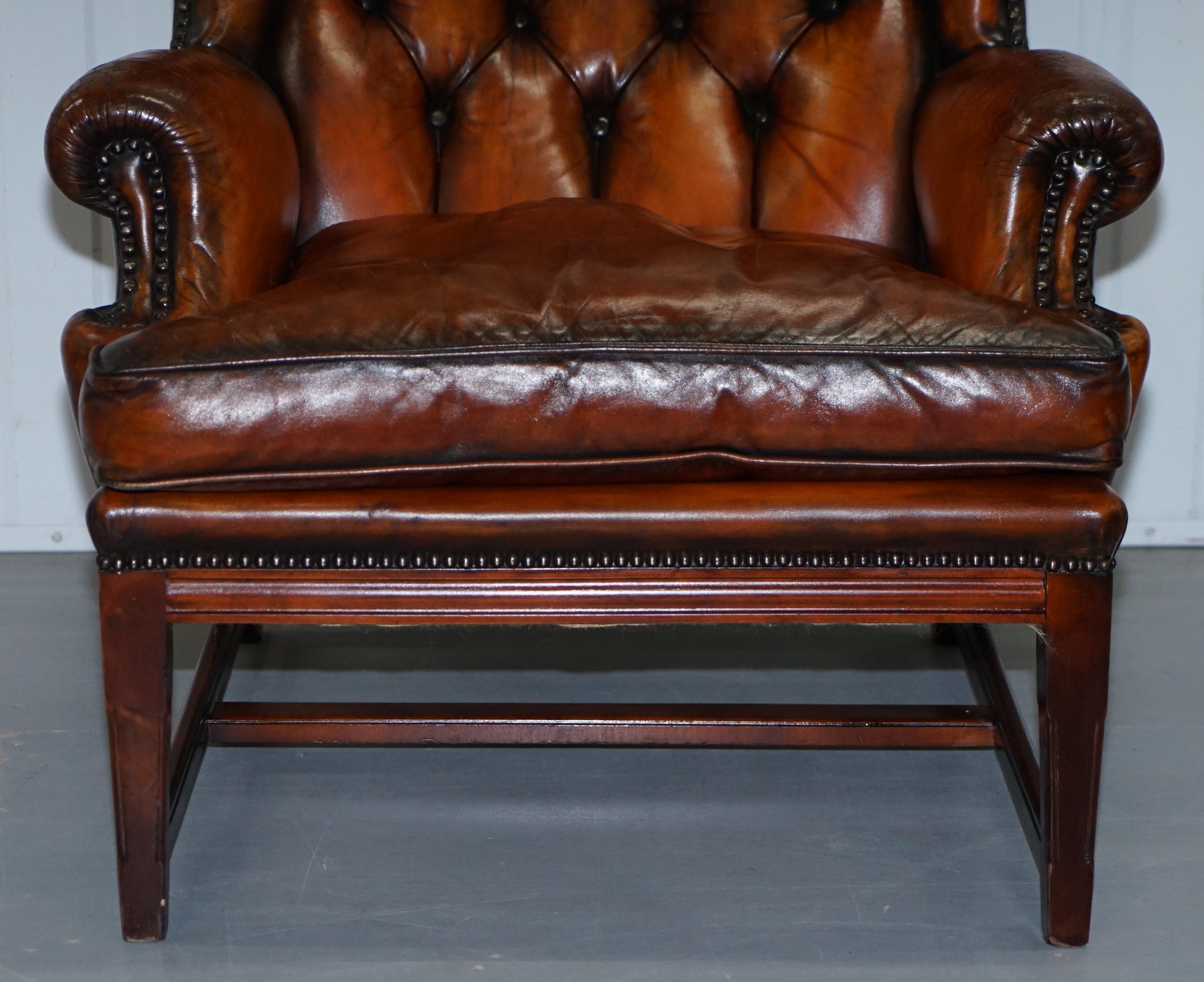 Stunning Whisky Brown Leather Chesterfield Wingback Armchair Feather Cushion 2