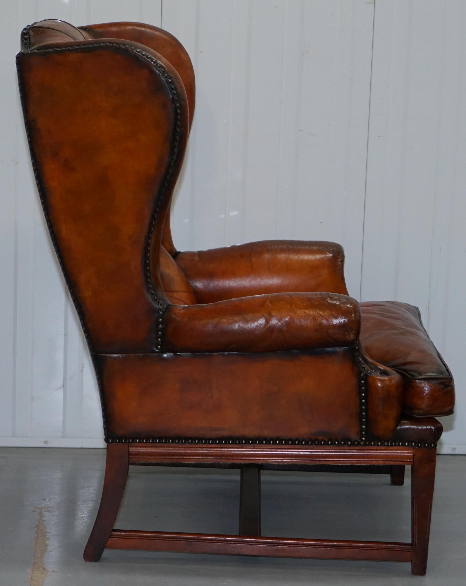 Stunning Whisky Brown Leather Chesterfield Wingback Armchair Feather Cushion 6