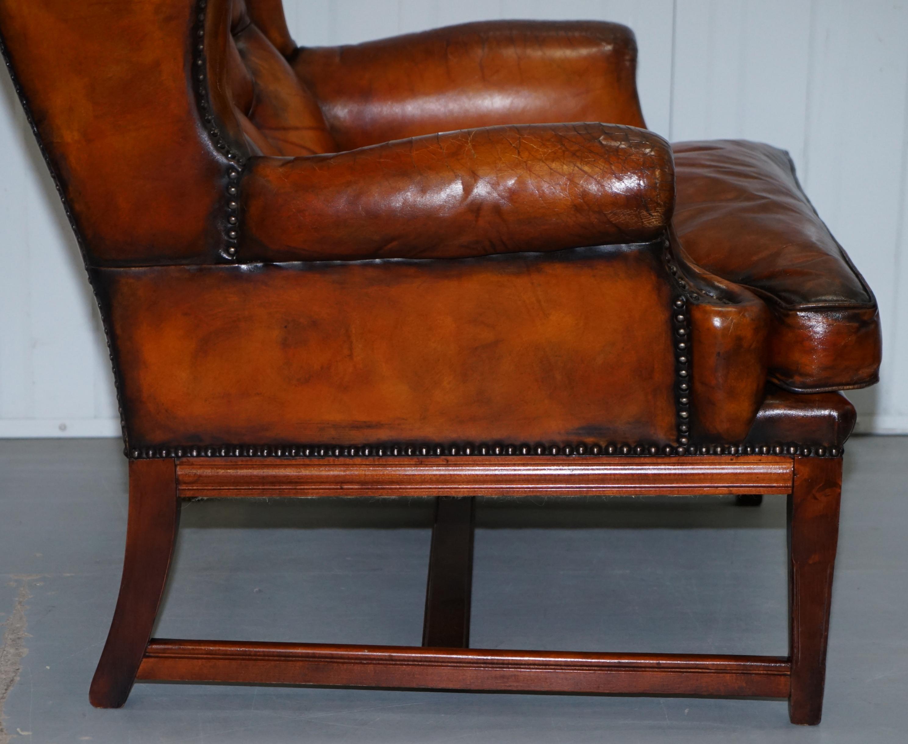 Stunning Whisky Brown Leather Chesterfield Wingback Armchair Feather Cushion 7