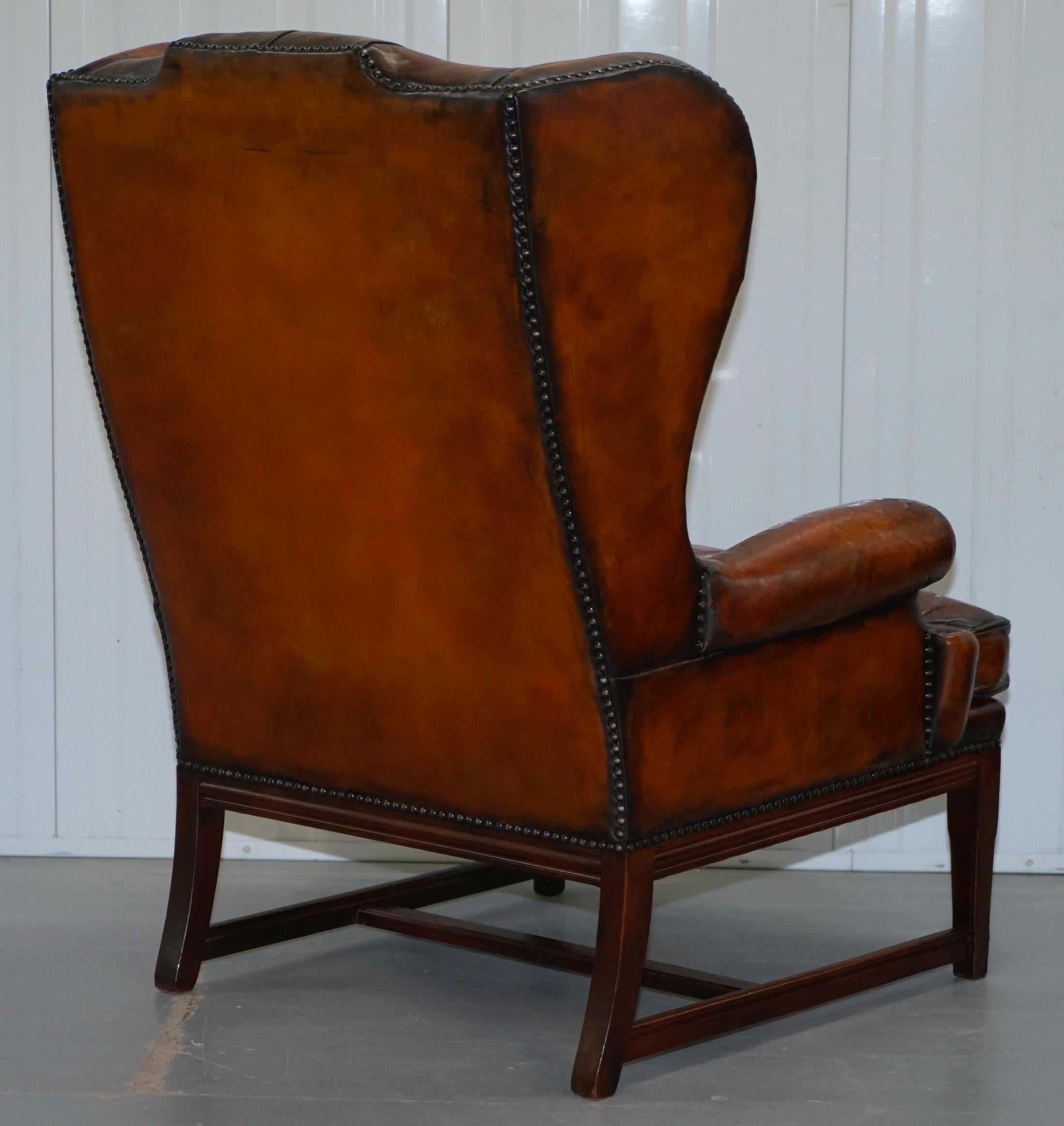 Stunning Whisky Brown Leather Chesterfield Wingback Armchair Feather Cushion 9
