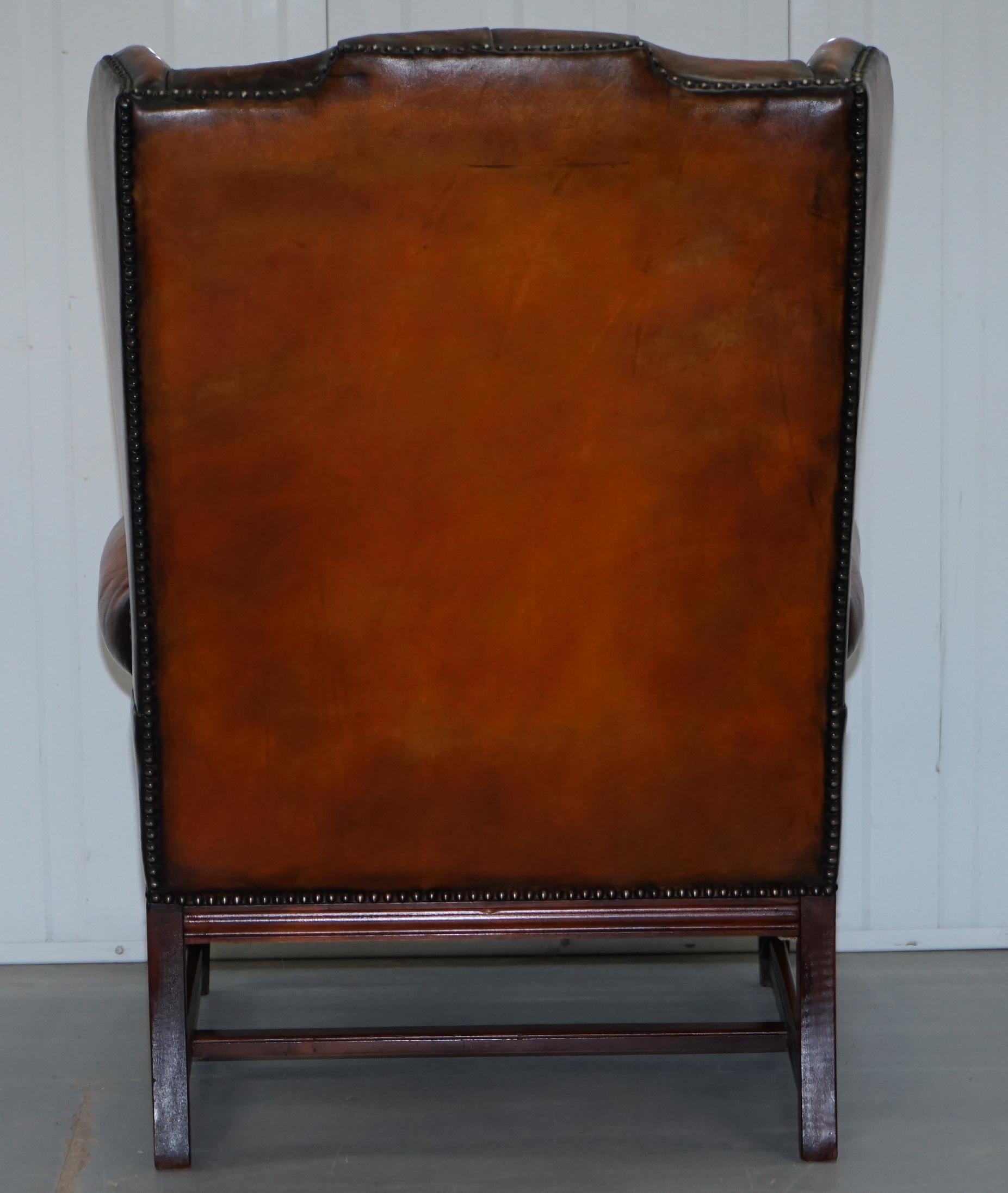 Stunning Whisky Brown Leather Chesterfield Wingback Armchair Feather Cushion 10
