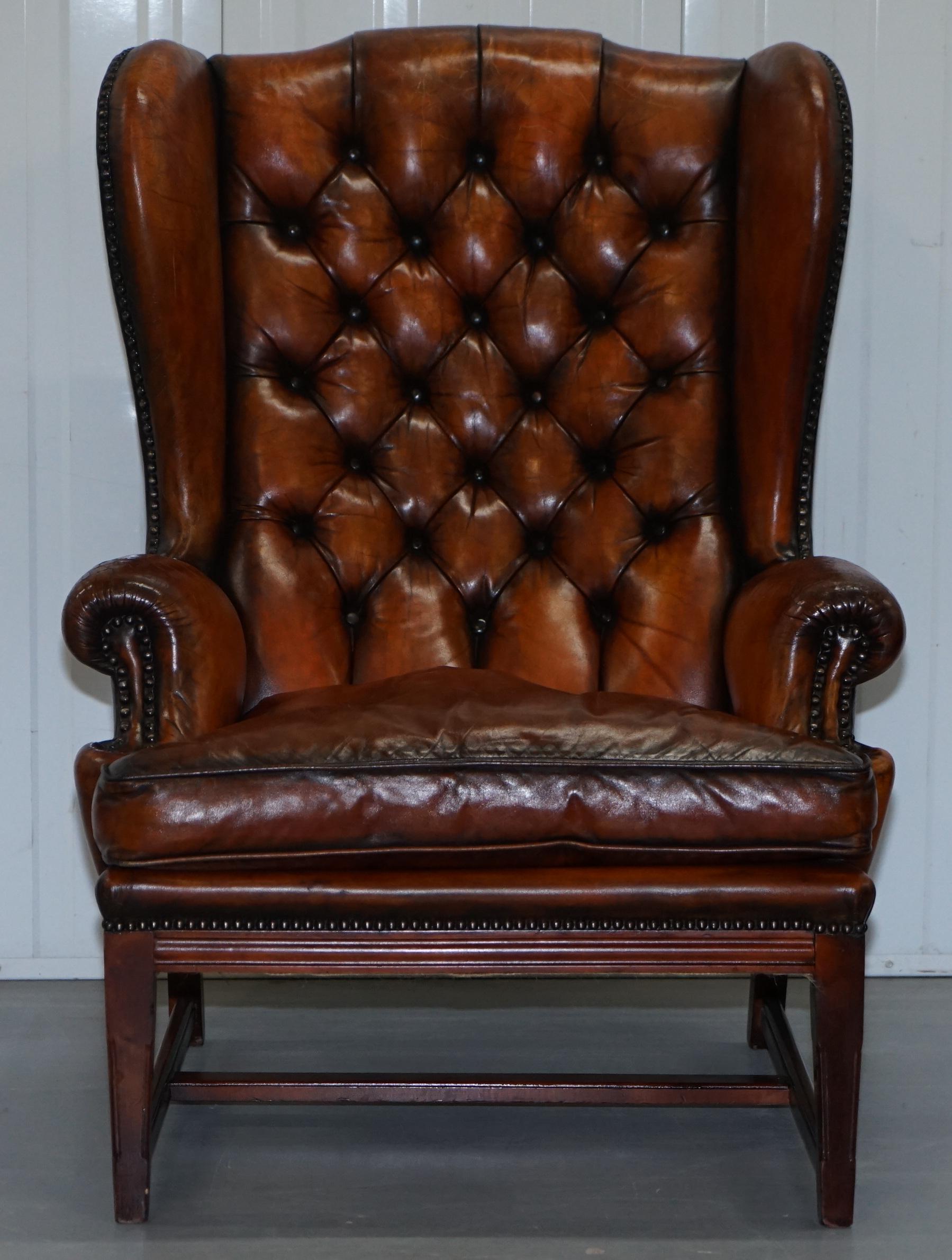 We are delighted to offer for sale this stunning fully restored Chesterfield Whisky brown leather wingback armchair with feather filled cushion

This is one of the nicer wingback chairs we have in stock, the colour is rich and work and has a